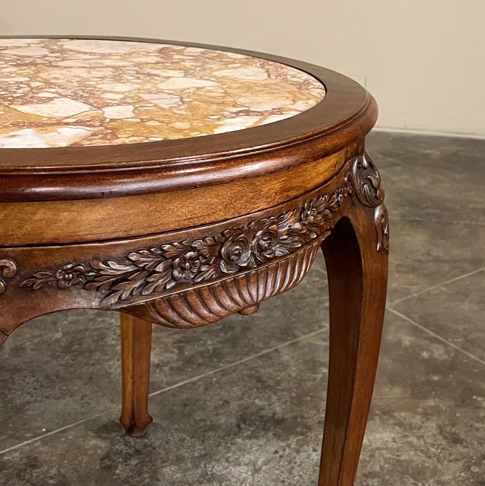 Antique French Art Nouveau Marble Top Walnut Round End Table 4
