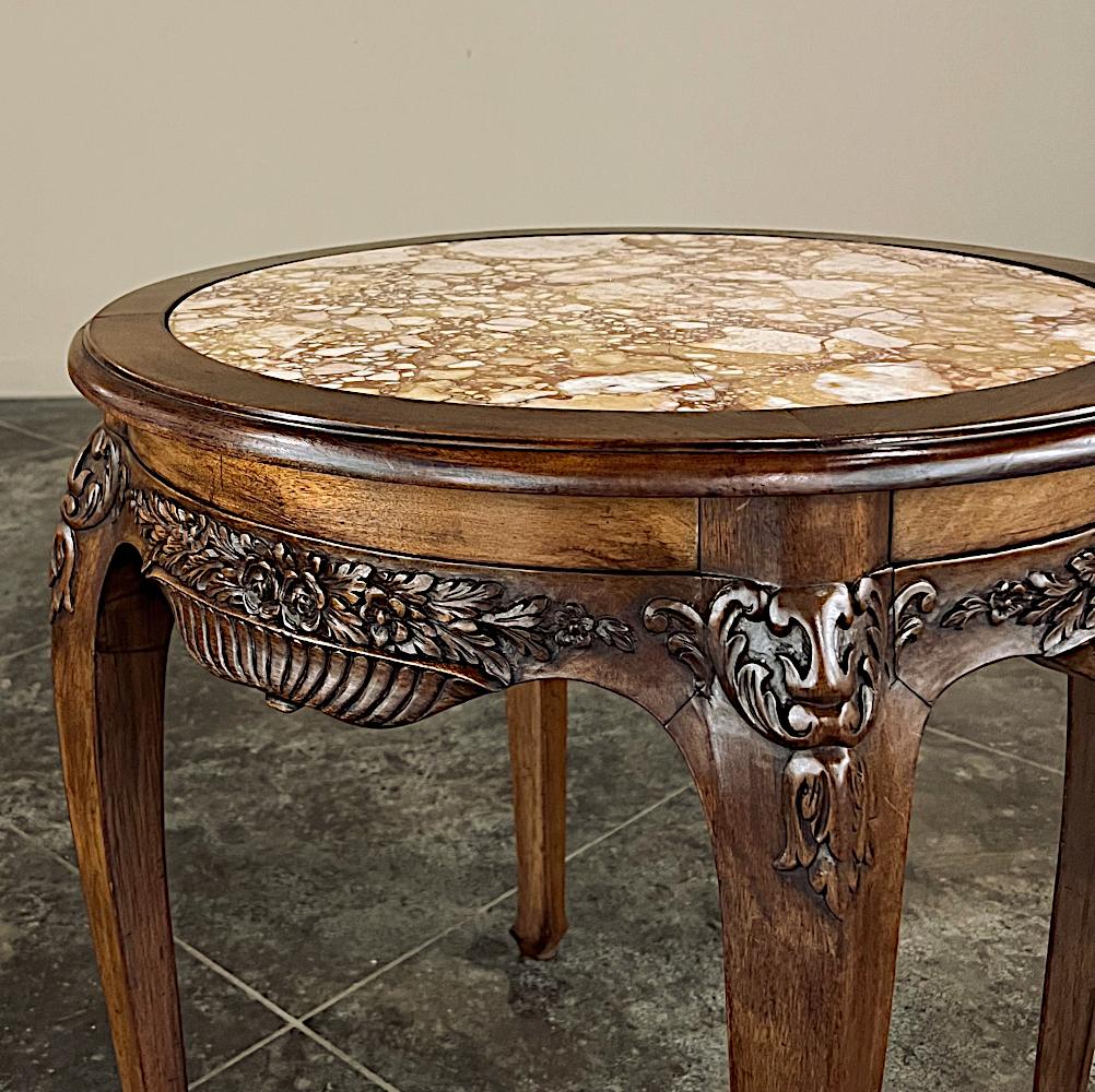 Antique French Art Nouveau Marble Top Walnut Round End Table 6