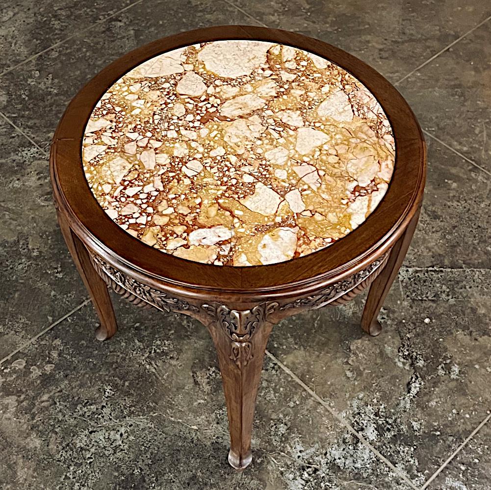 Antique French Art Nouveau Marble Top Walnut Round End Table 7