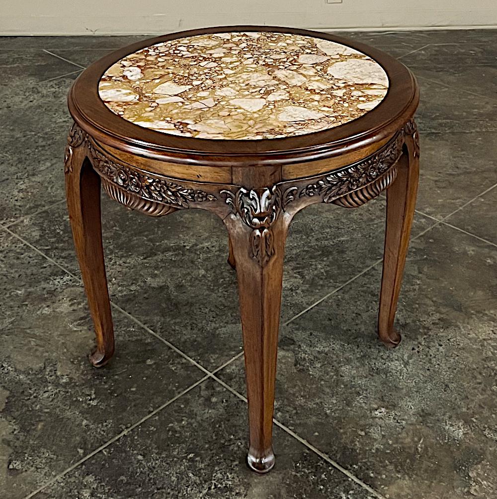 Art Deco Antique French Art Nouveau Marble Top Walnut Round End Table