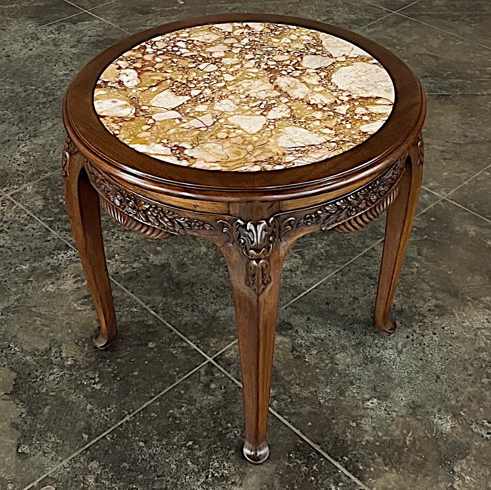 Hand-Carved Antique French Art Nouveau Marble Top Walnut Round End Table