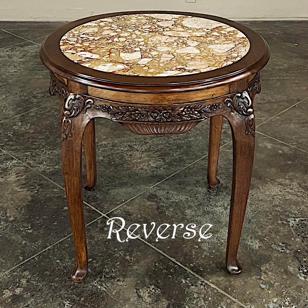 Antique French Art Nouveau Marble Top Walnut Round End Table In Good Condition In Dallas, TX