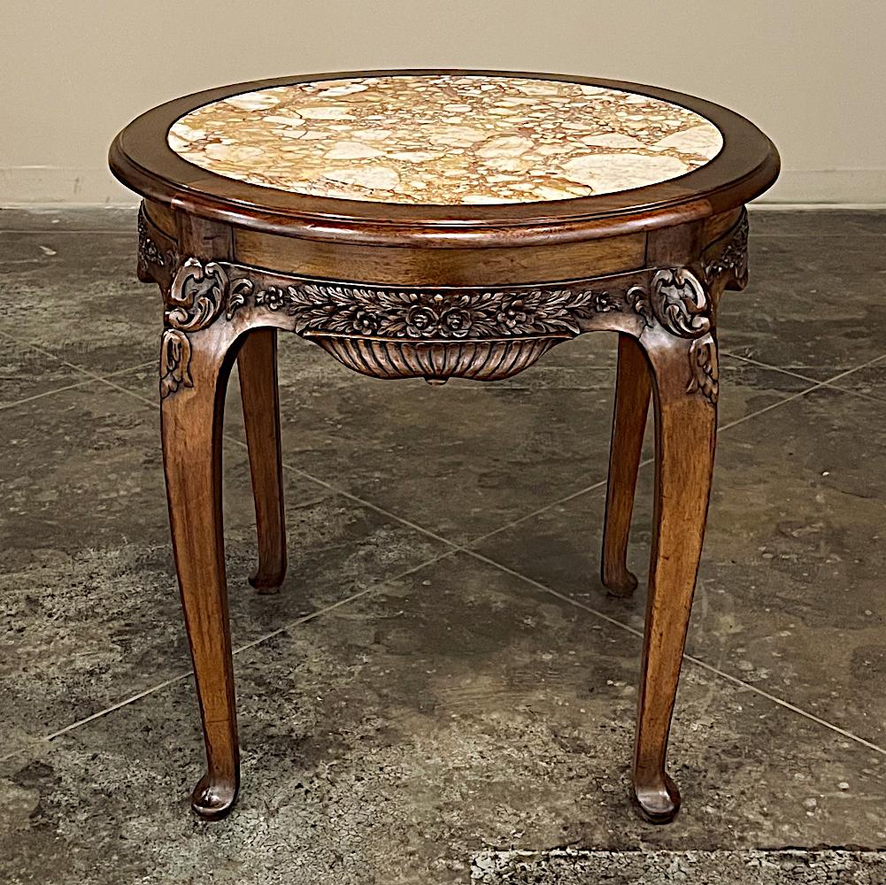 Early 20th Century Antique French Art Nouveau Marble Top Walnut Round End Table