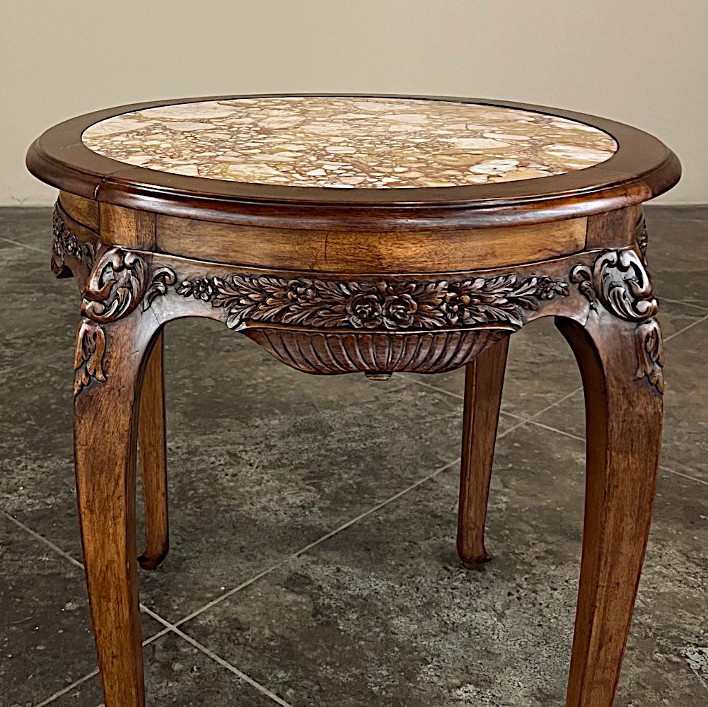 Antique French Art Nouveau Marble Top Walnut Round End Table 1