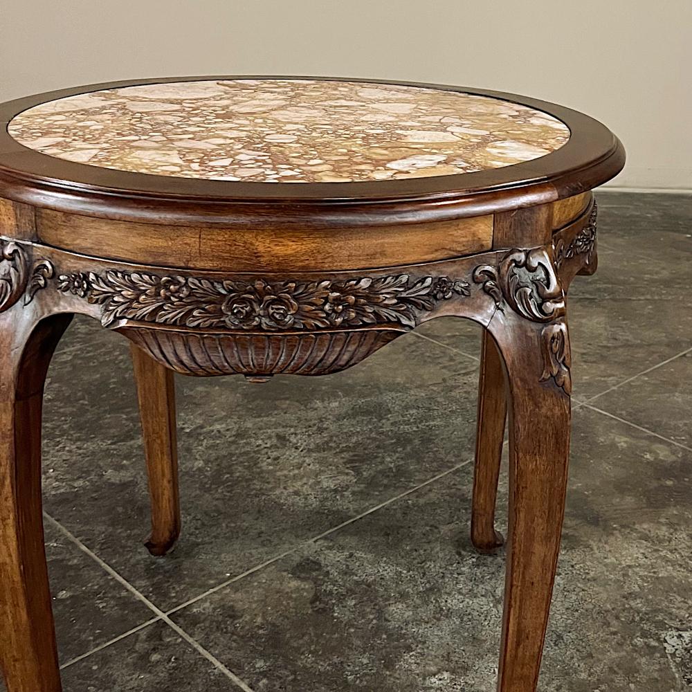 Antique French Art Nouveau Marble Top Walnut Round End Table 2