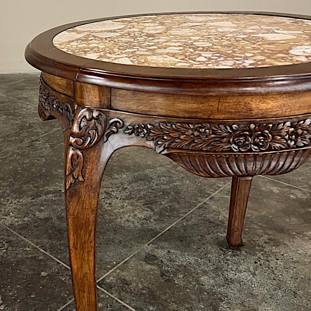Antique French Art Nouveau Marble Top Walnut Round End Table 3