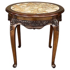 Antique French Art Nouveau Marble Top Walnut Round End Table