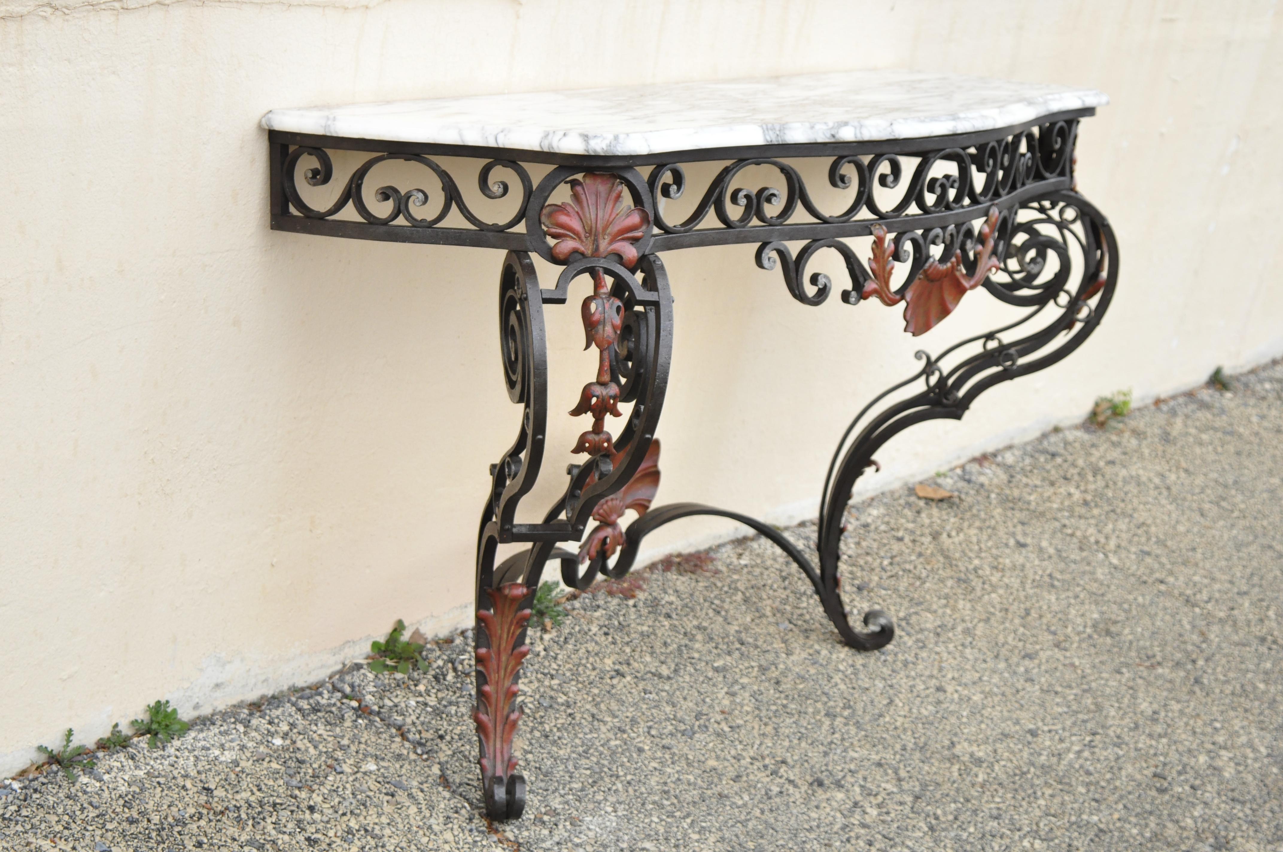 Antique French Art Nouveau Marble Top Wrought Iron Wall Mount Console Hall Table For Sale 4
