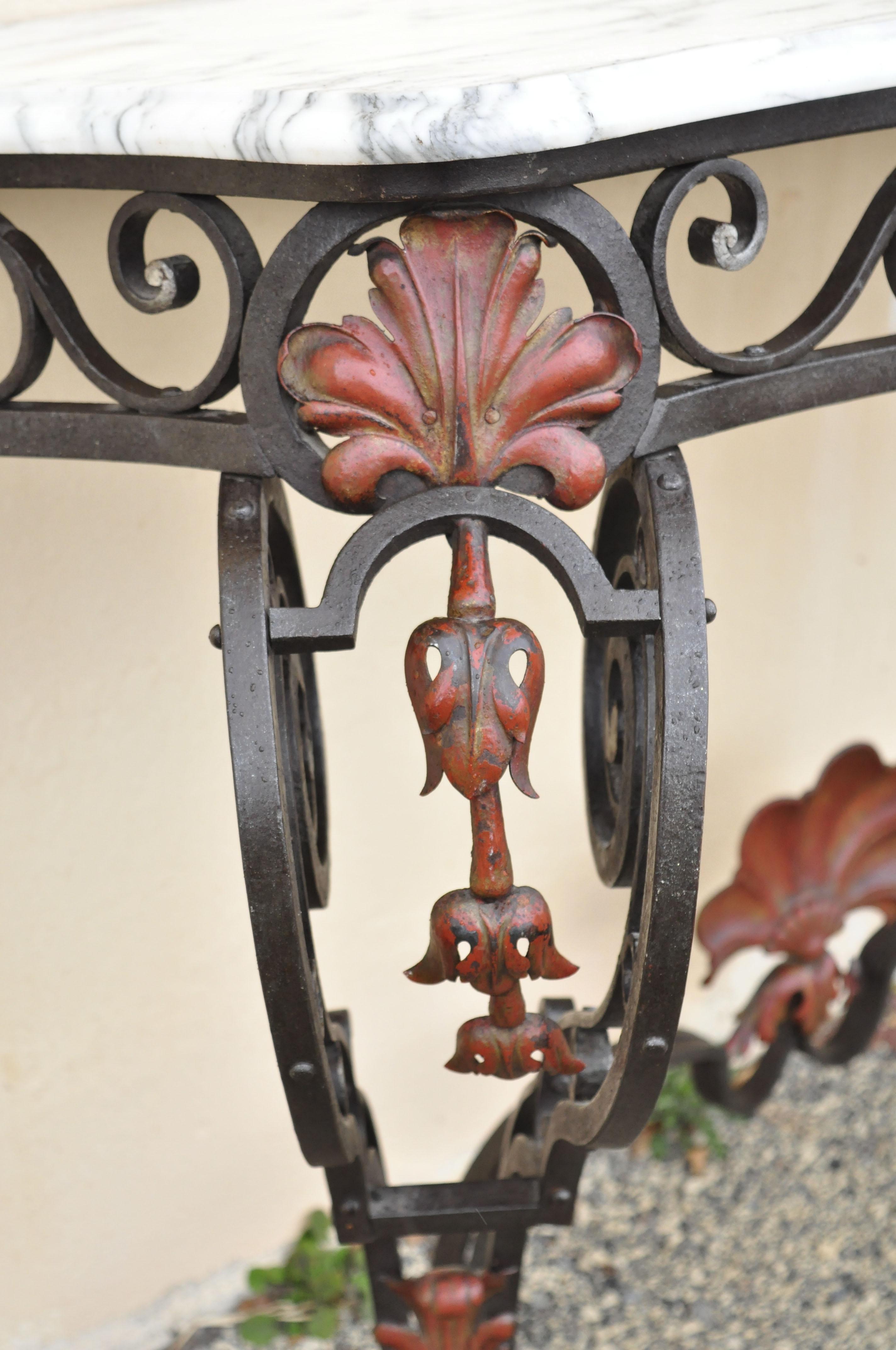 Ancienne console d'entrée Art Nouveau française avec plateau en marbre et fer forgé en vente 3