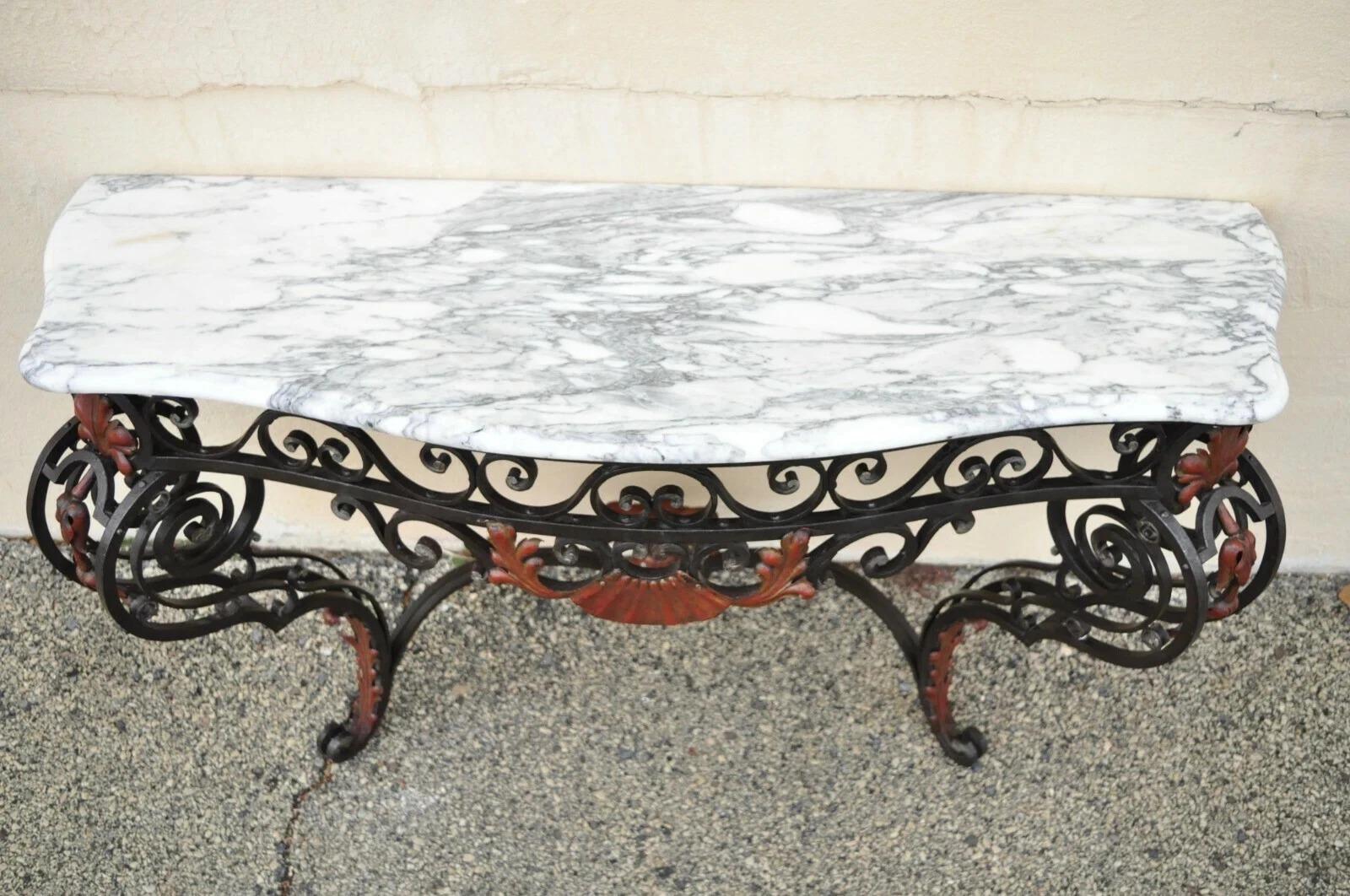 Unknown Antique French Art Nouveau Marble Top Wrought Iron Wall Mount Console Hall Table For Sale