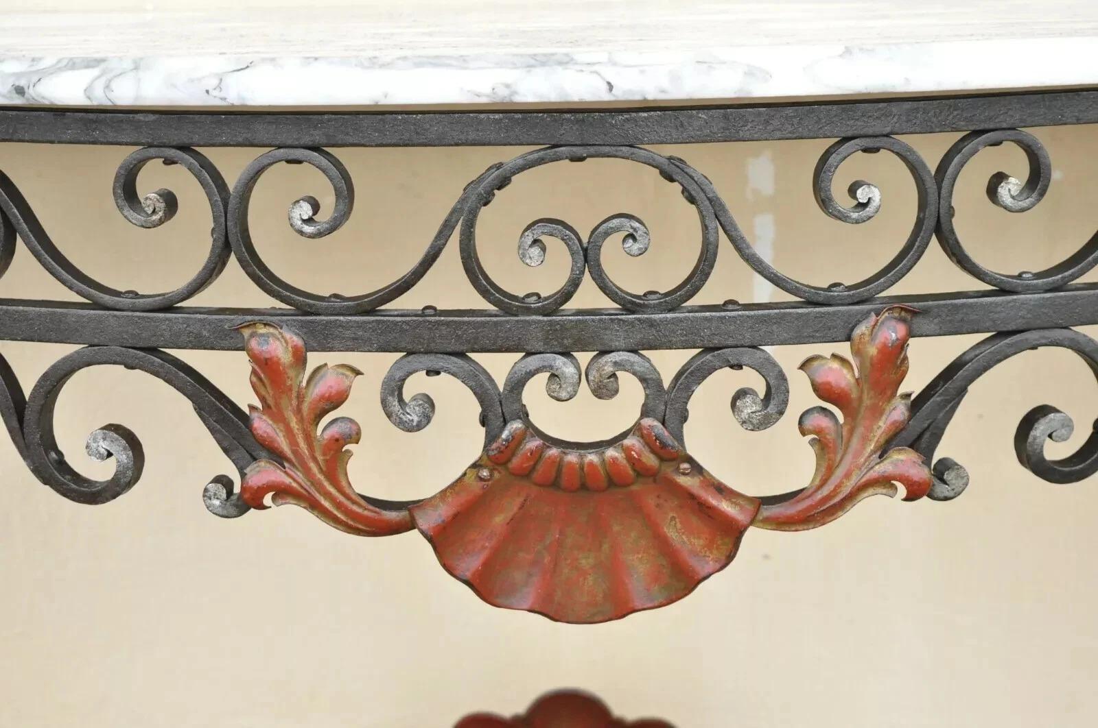 Antique French Art Nouveau Marble Top Wrought Iron Wall Mount Console Hall Table In Good Condition For Sale In Philadelphia, PA