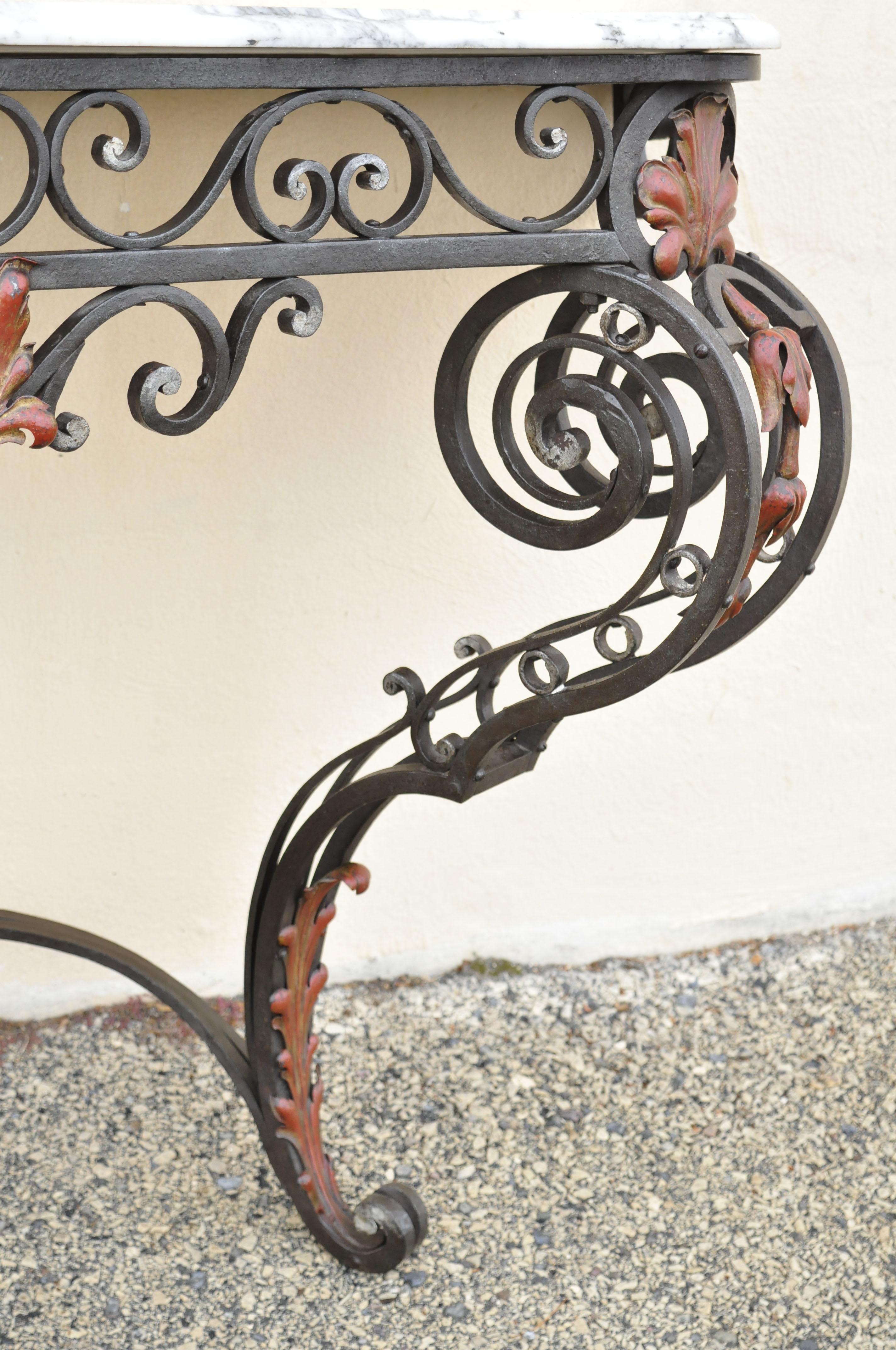 Antique French Art Nouveau Marble Top Wrought Iron Wall Mount Console Hall Table In Good Condition For Sale In Philadelphia, PA
