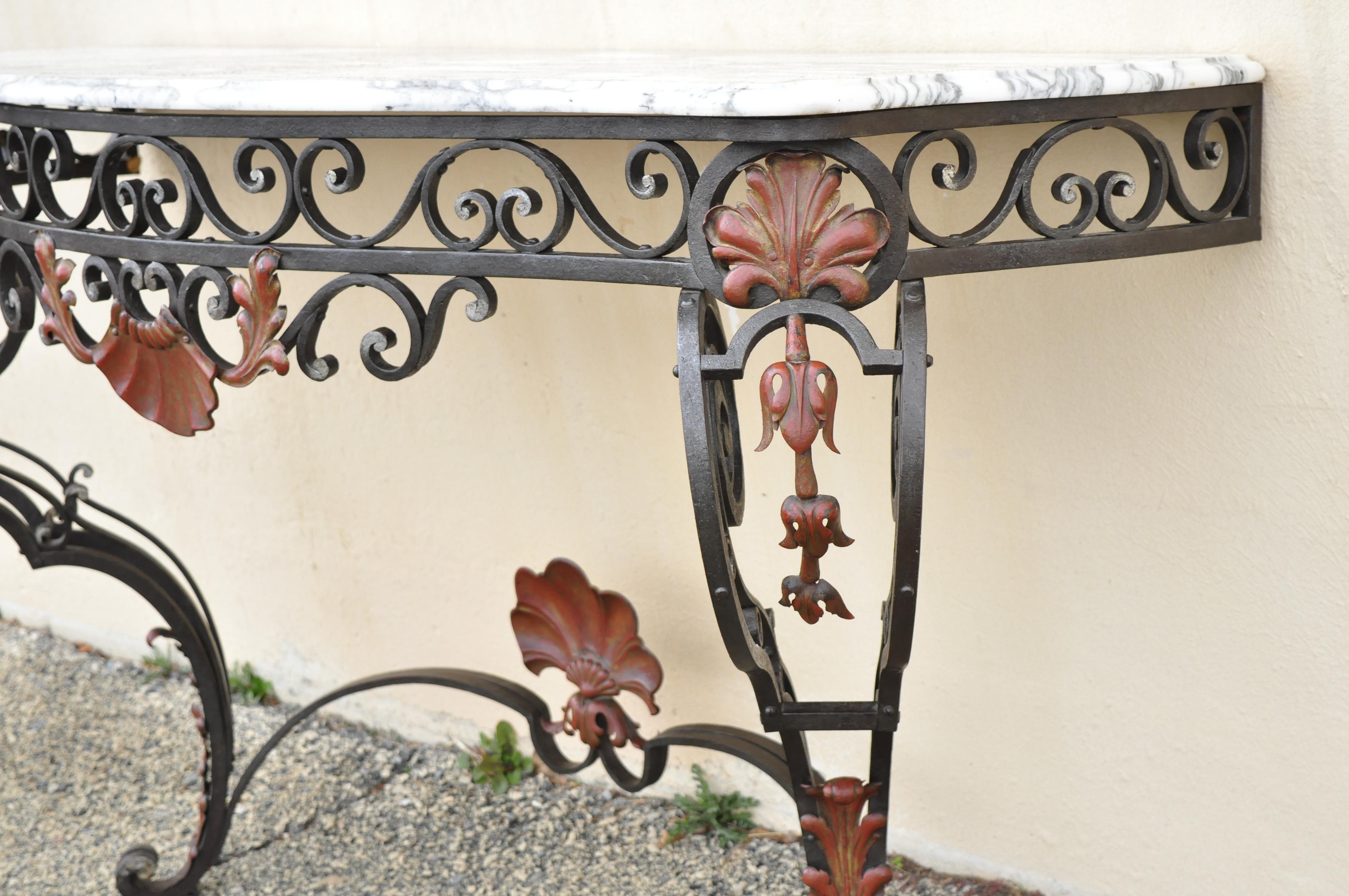 20th Century Antique French Art Nouveau Marble Top Wrought Iron Wall Mount Console Hall Table For Sale