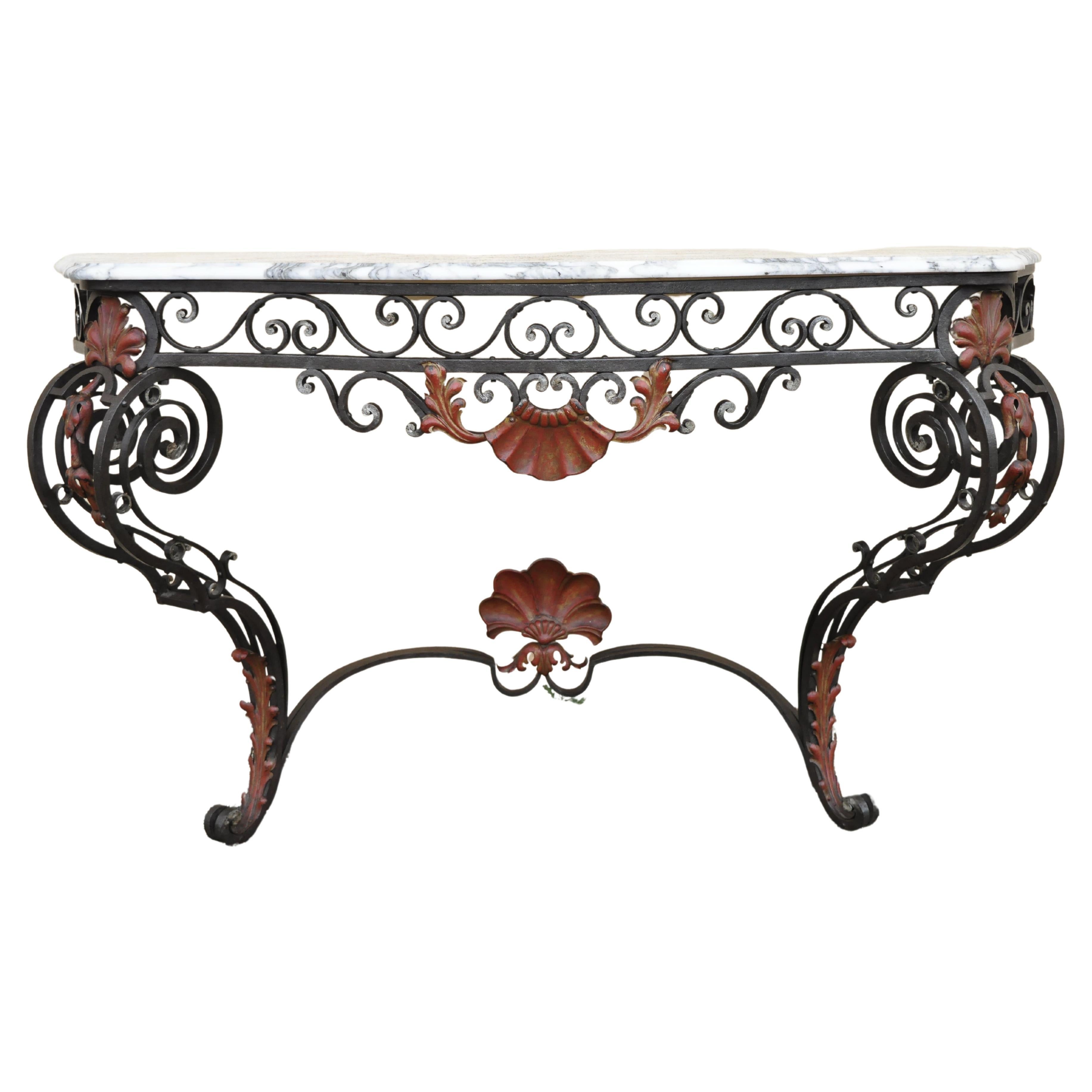 Antique French Art Nouveau Marble Top Wrought Iron Wall Mount Console Hall Table