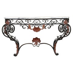 Retro French Art Nouveau Marble Top Wrought Iron Wall Mount Console Hall Table