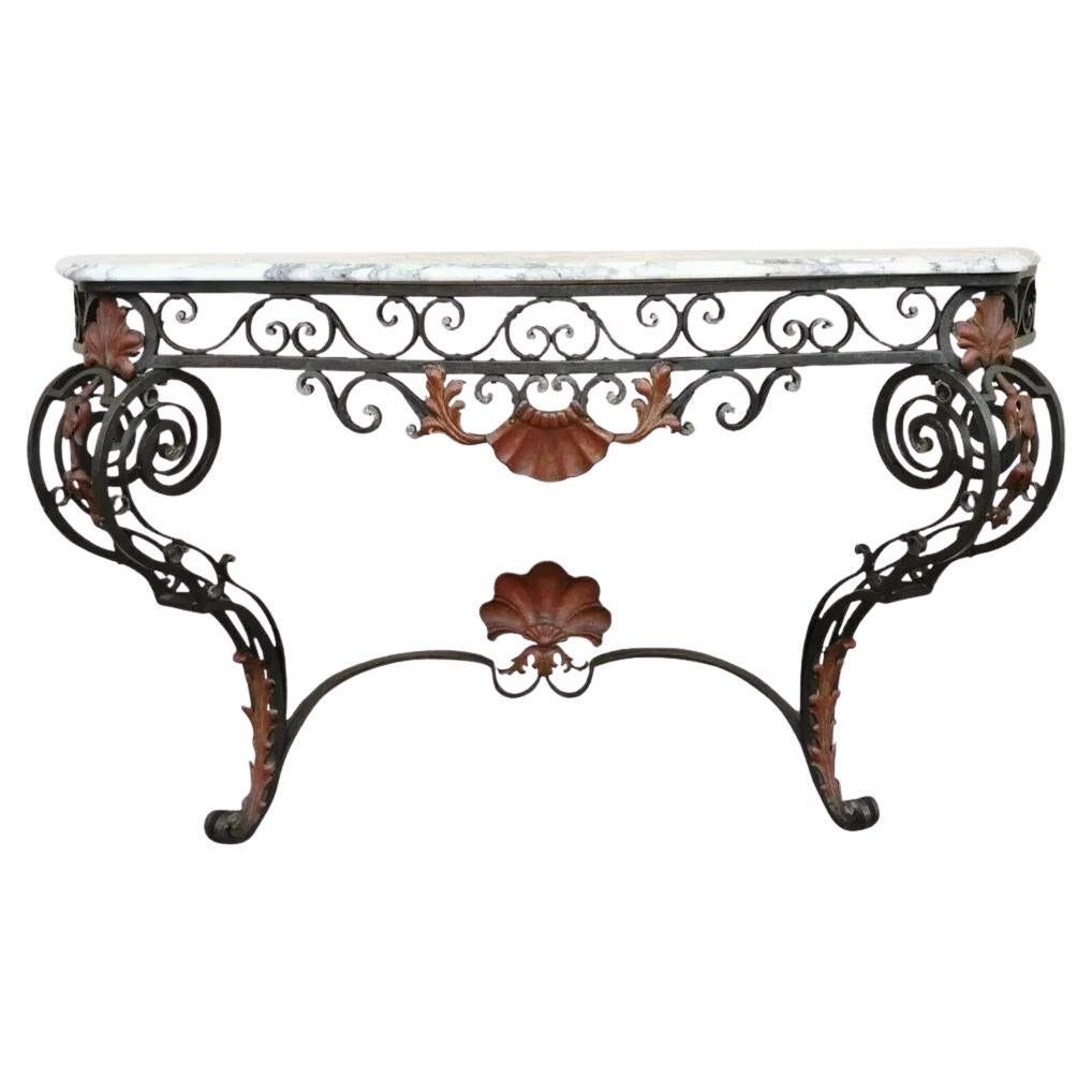Antique French Art Nouveau Marble Top Wrought Iron Wall Mount Console Hall Table