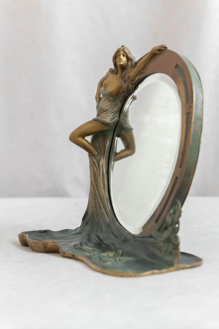 19th Century Antique French Art Nouveau Mirror w/ Maiden, ca.1900