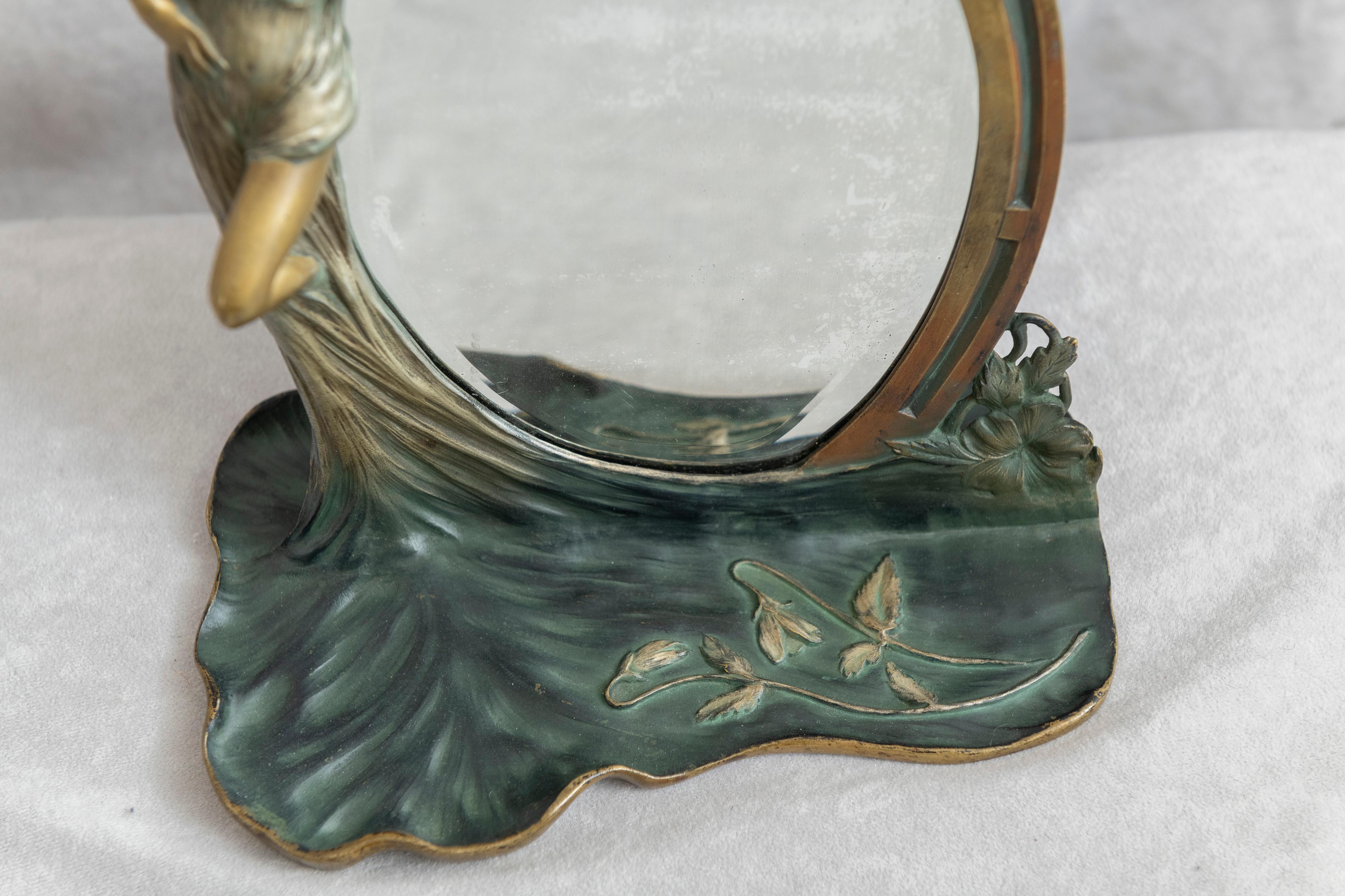Bronze Antique French Art Nouveau Mirror w/ Maiden, ca.1900