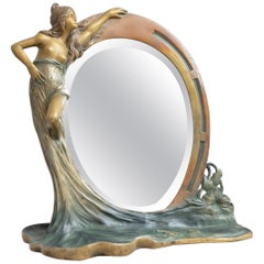 Miroir ancien Art nouveau français avec jeune fille, vers 1900