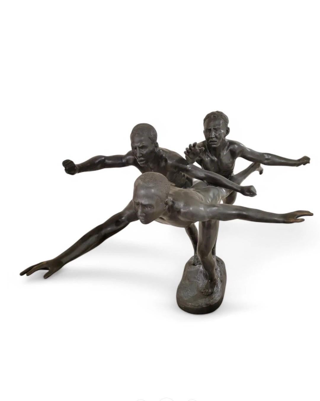 Antique French Art Nouveau Monumental Au But' Cast Patinated Bronze Sculpture b In Good Condition For Sale In Chicago, IL