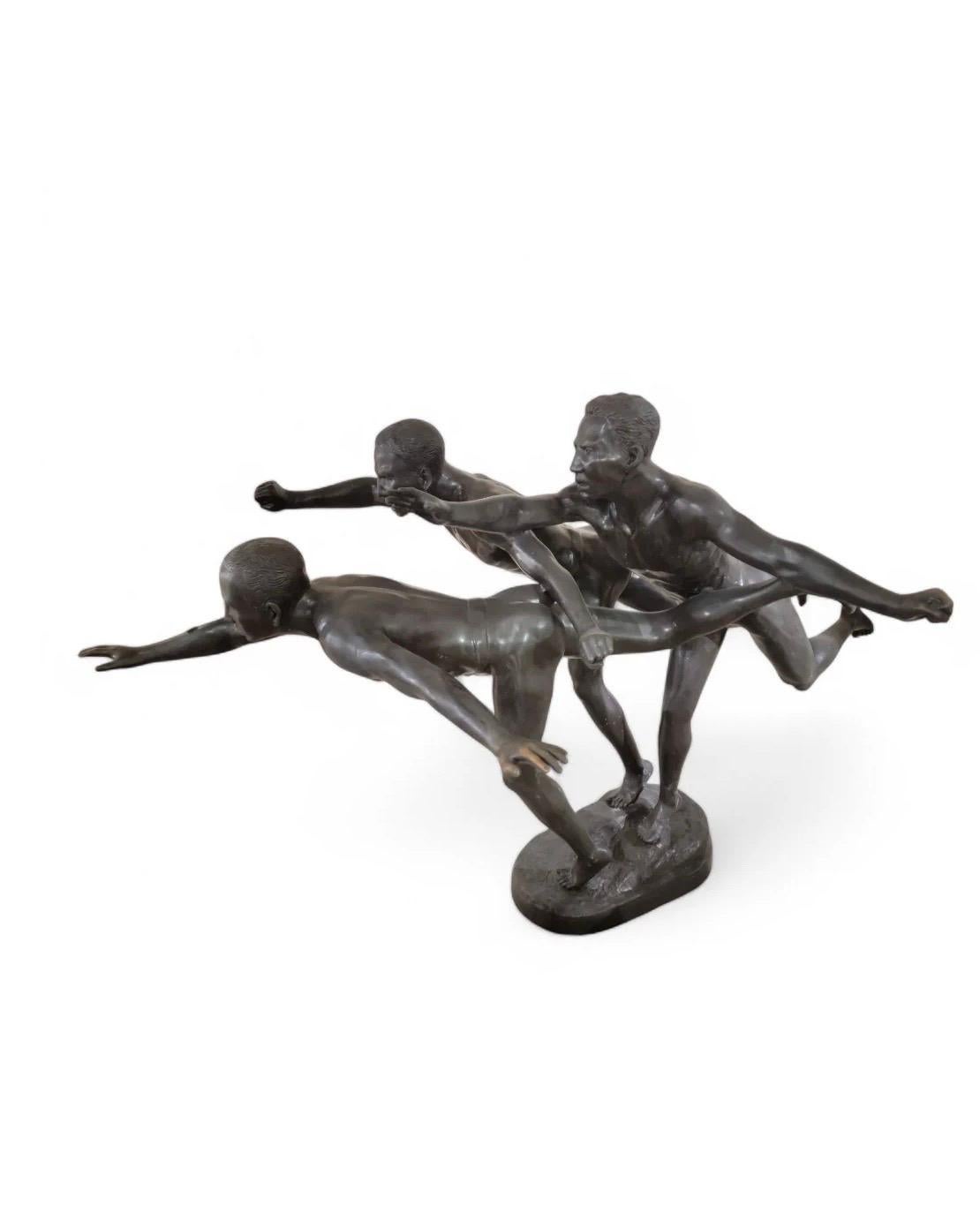 Antique French Art Nouveau Monumental Au But' Cast Patinated Bronze Sculpture b For Sale 1