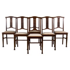 Antique French Art Nouveau Oak Dining Chairs W/ Beige Chenille - Set of 6
