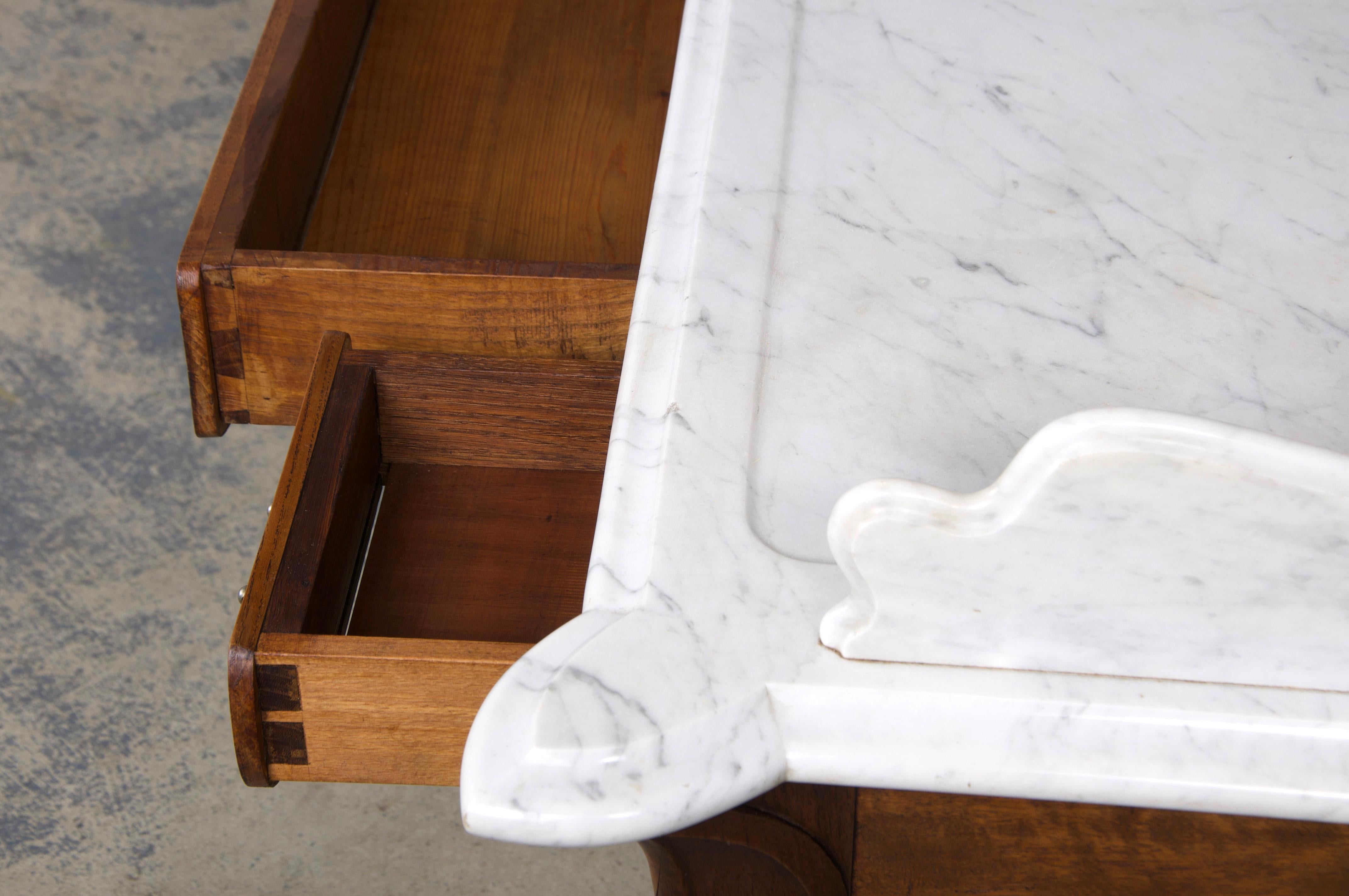 Antique French Art Nouveau Oak Wash Table Vanity W/ Carrara Marble Top 5