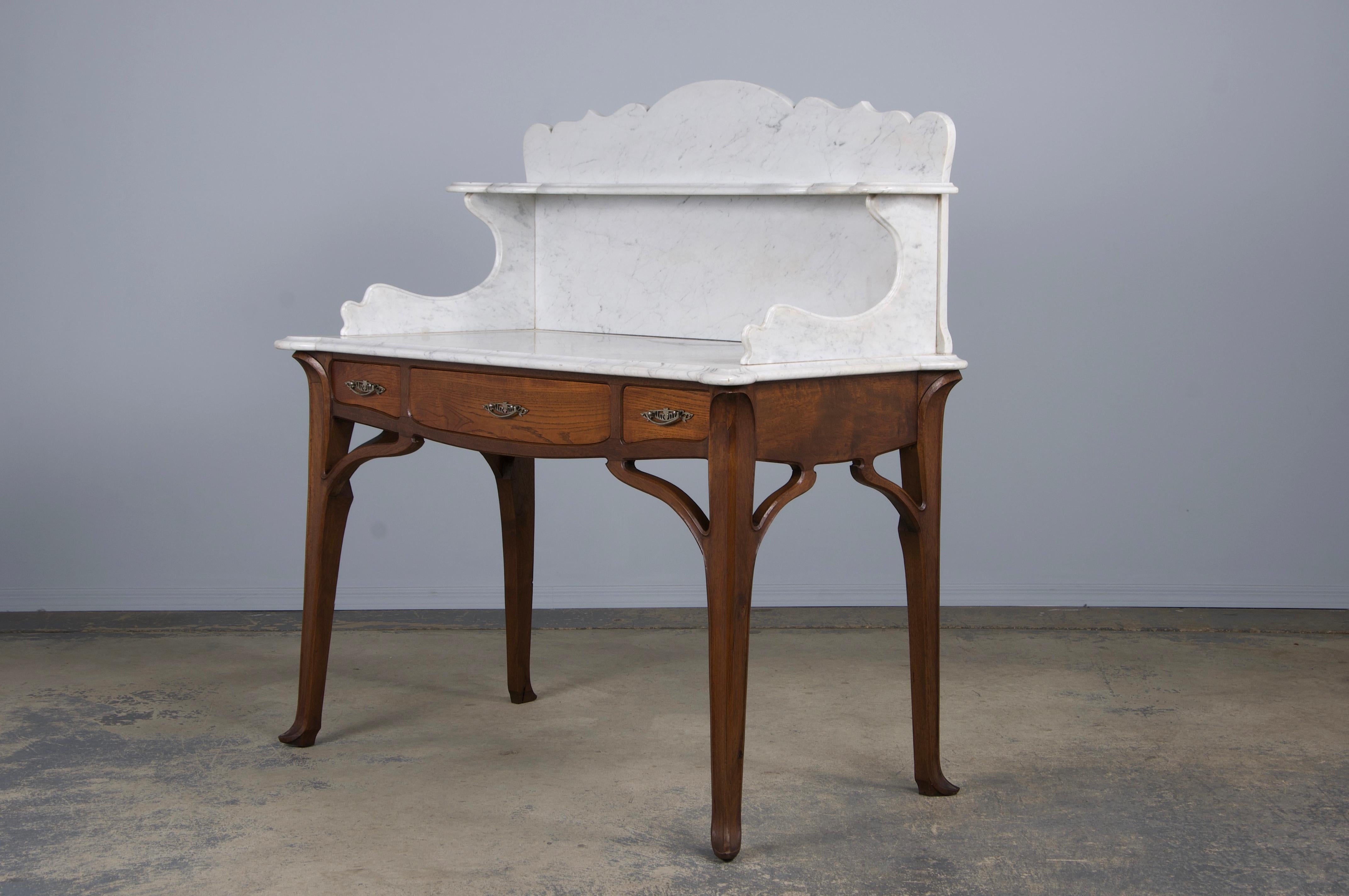 Antique French Art Nouveau Oak Wash Table Vanity W/ Carrara Marble Top 7