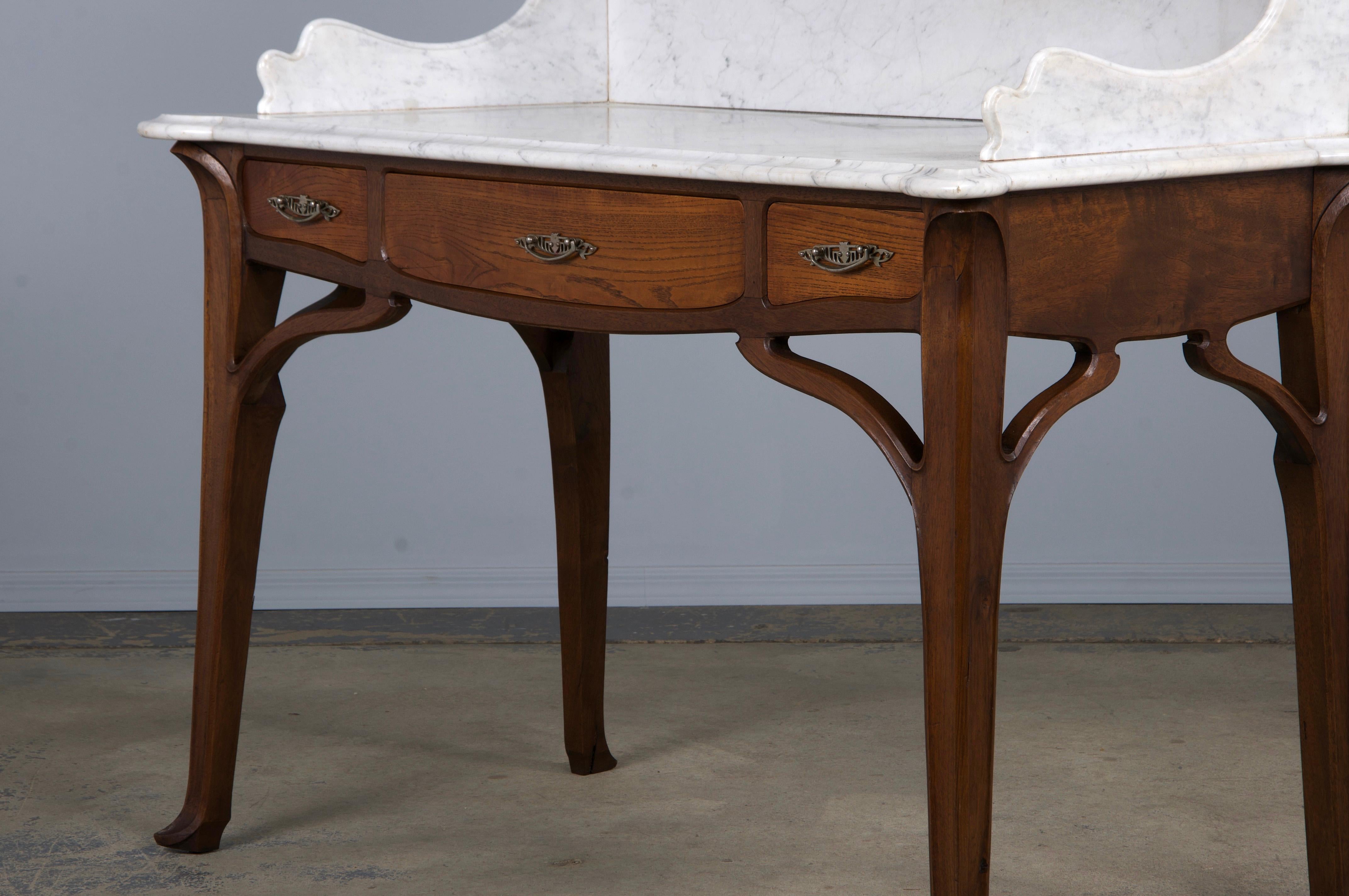Antique French Art Nouveau Oak Wash Table Vanity W/ Carrara Marble Top 8