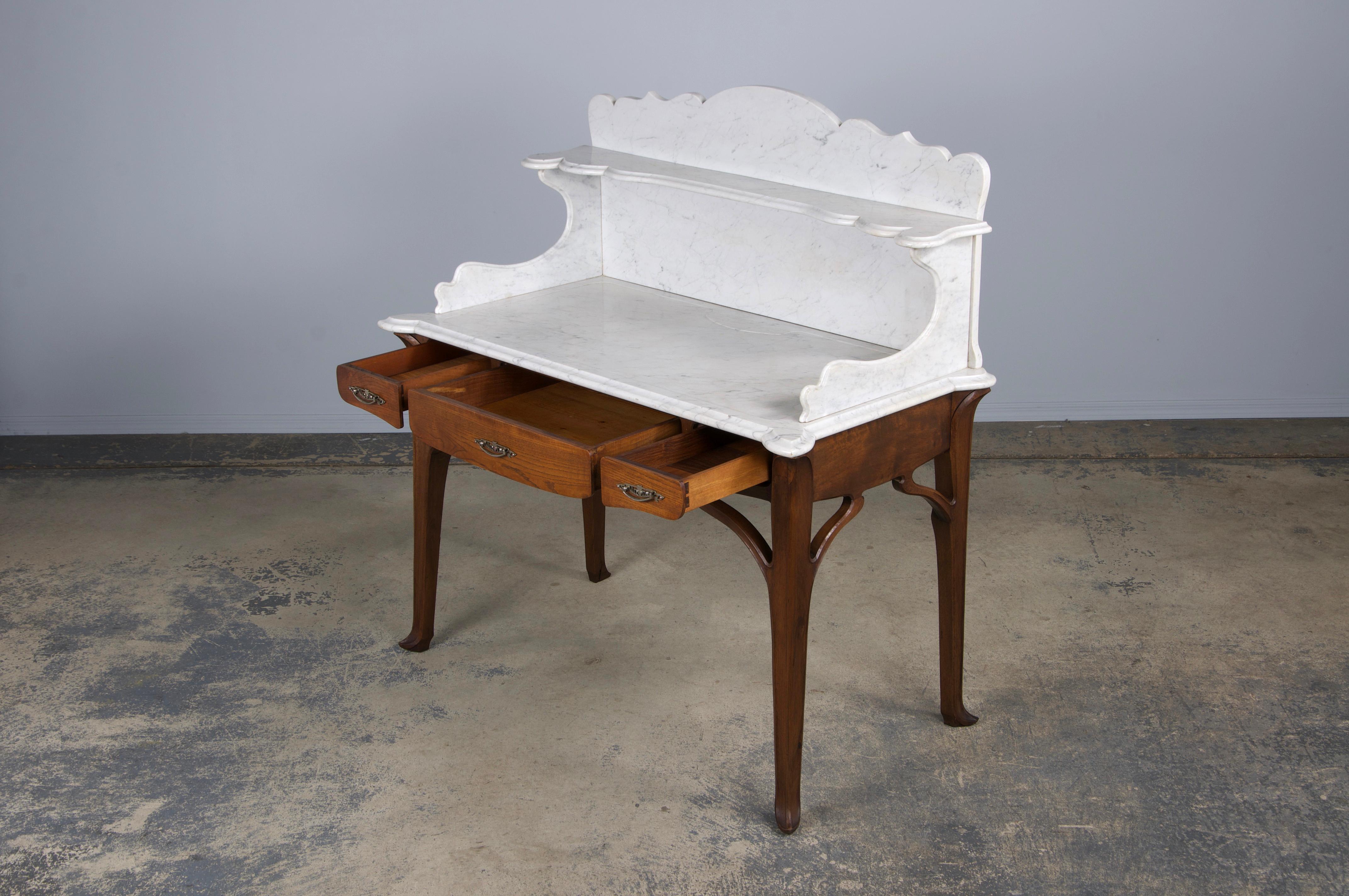 Antique French Art Nouveau Oak Wash Table Vanity W/ Carrara Marble Top 9