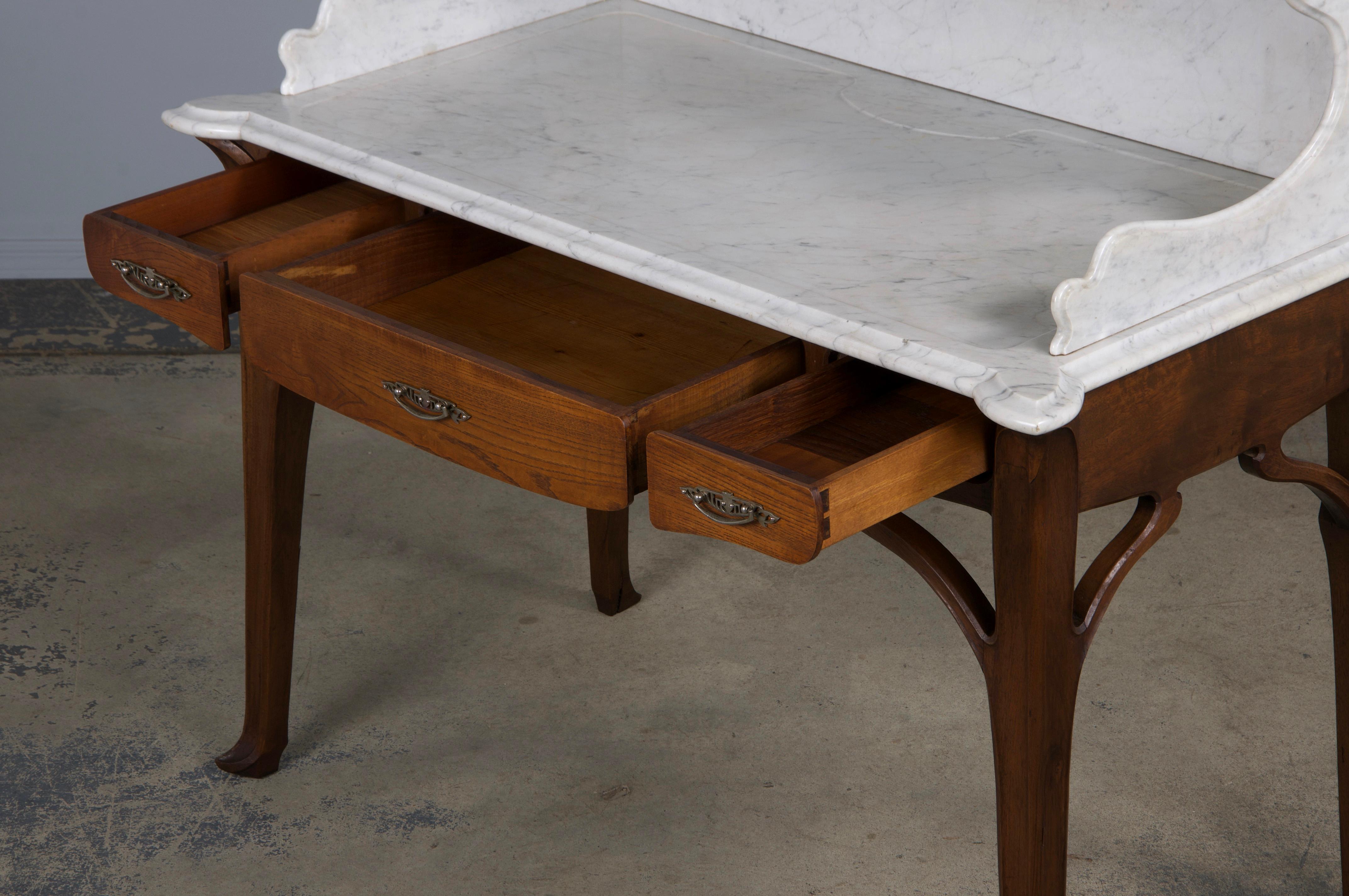Antique French Art Nouveau Oak Wash Table Vanity W/ Carrara Marble Top 11