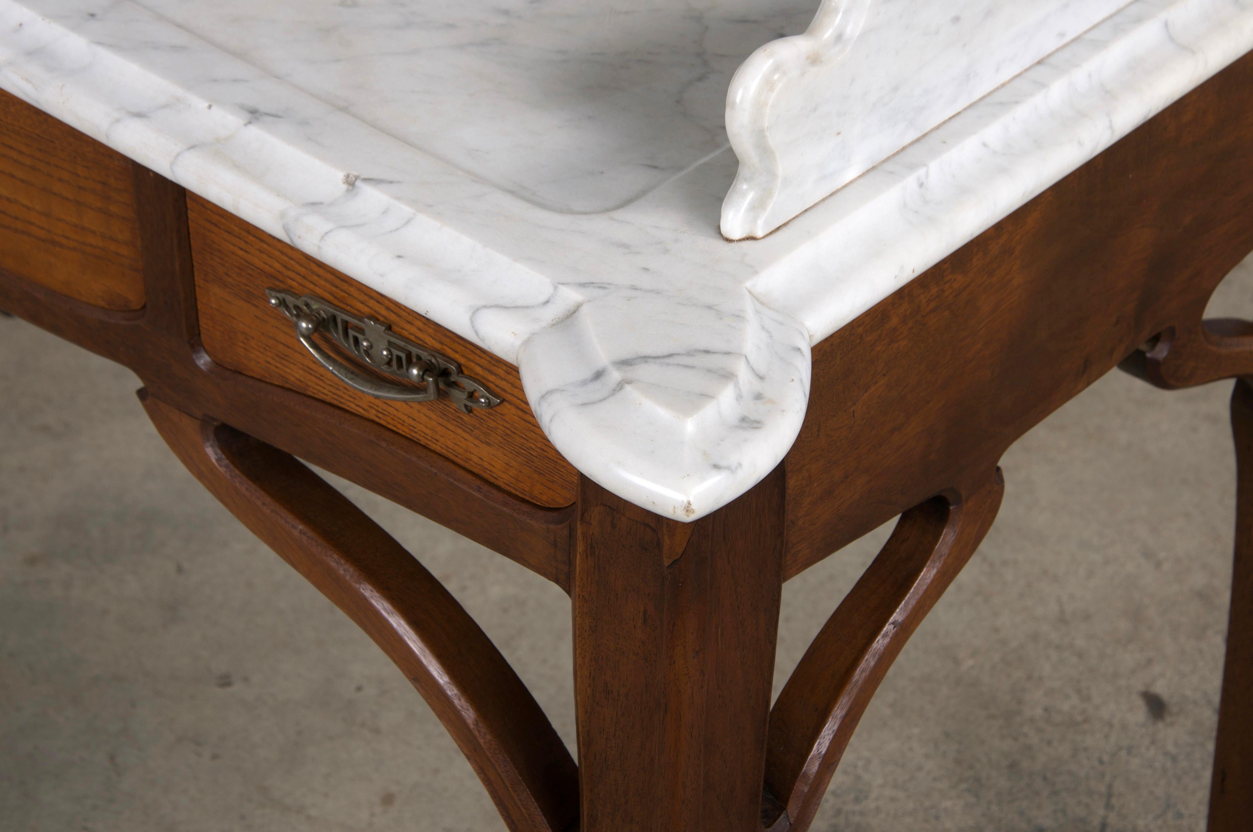 Antique French Art Nouveau Oak Wash Table Vanity W/ Carrara Marble Top 12