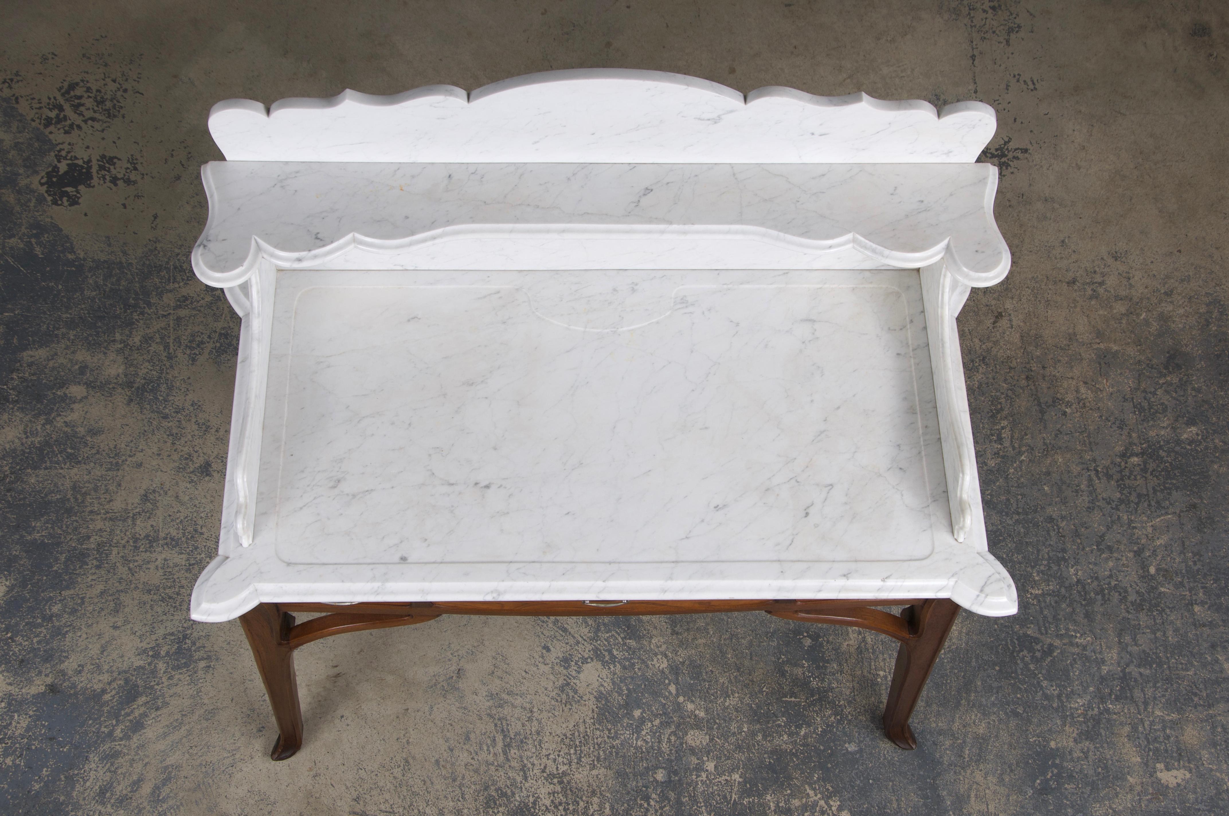 Hand-Carved Antique French Art Nouveau Oak Wash Table Vanity W/ Carrara Marble Top