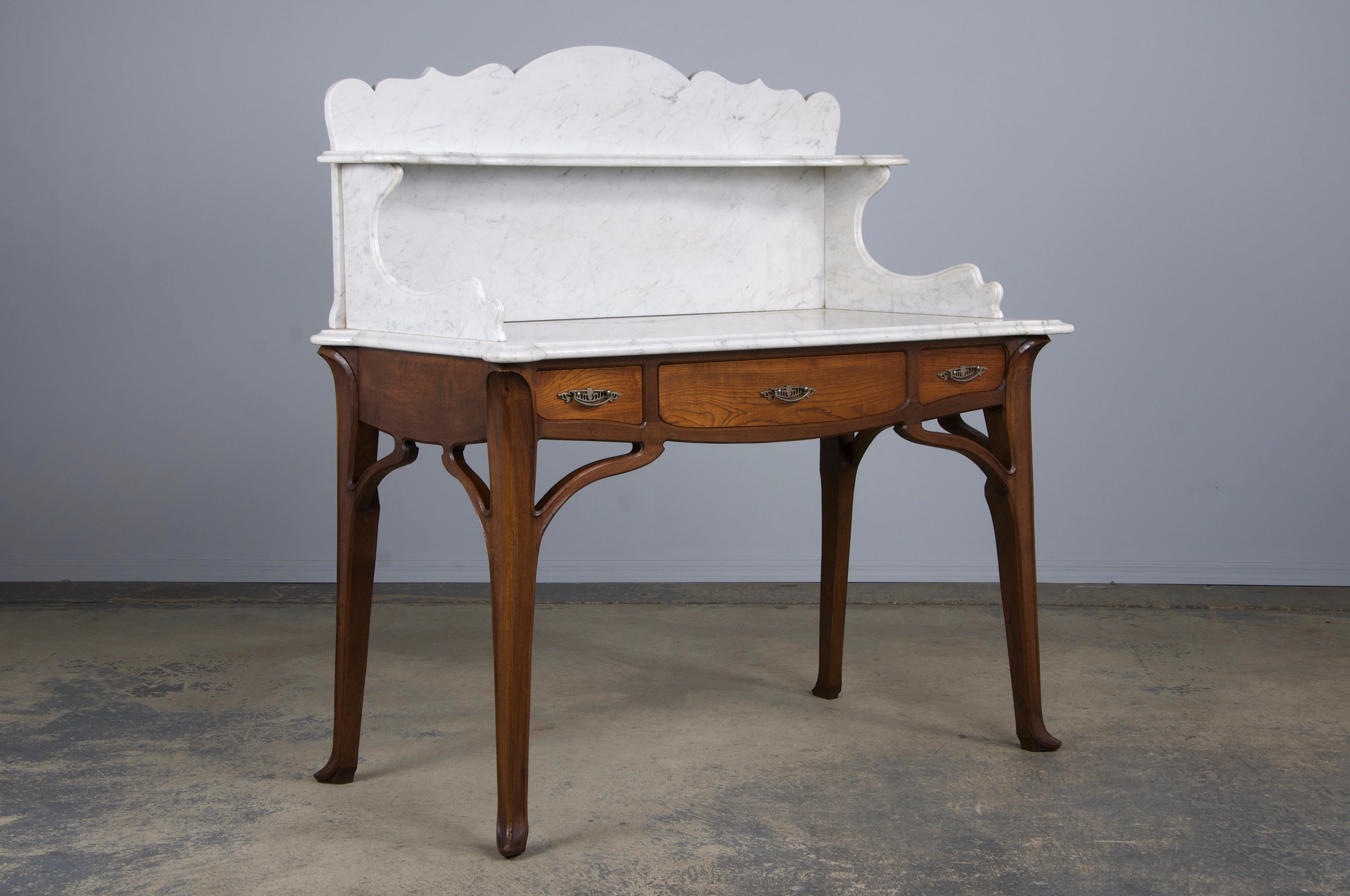 Metal Antique French Art Nouveau Oak Wash Table Vanity W/ Carrara Marble Top