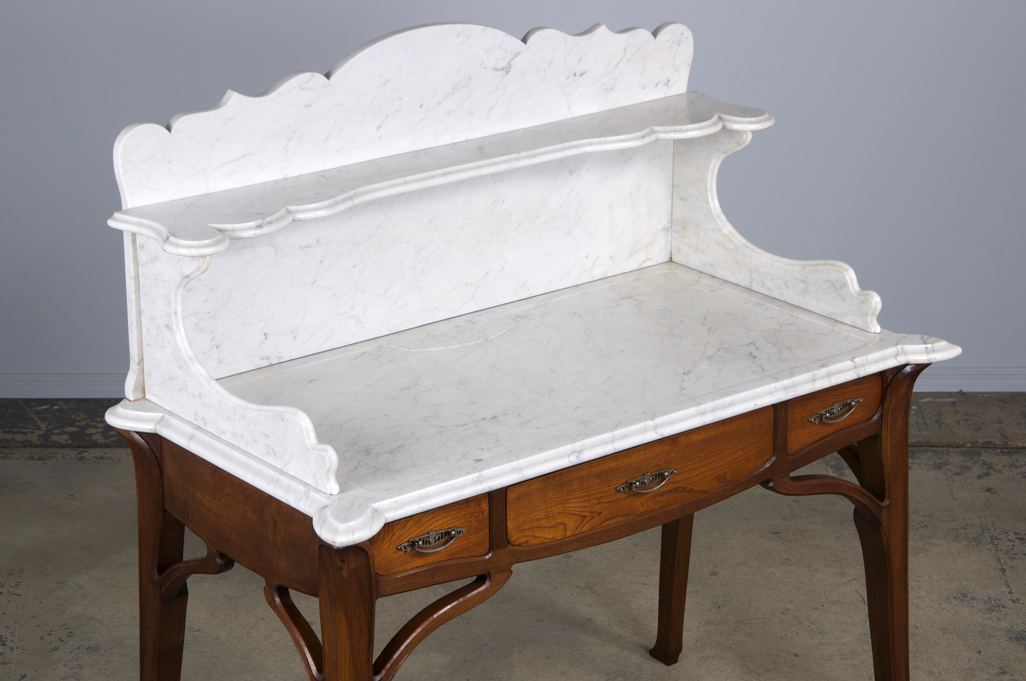 Antique French Art Nouveau Oak Wash Table Vanity W/ Carrara Marble Top 1