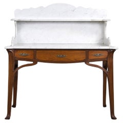 Antique French Art Nouveau Oak Wash Table Vanity W/ Carrara Marble Top