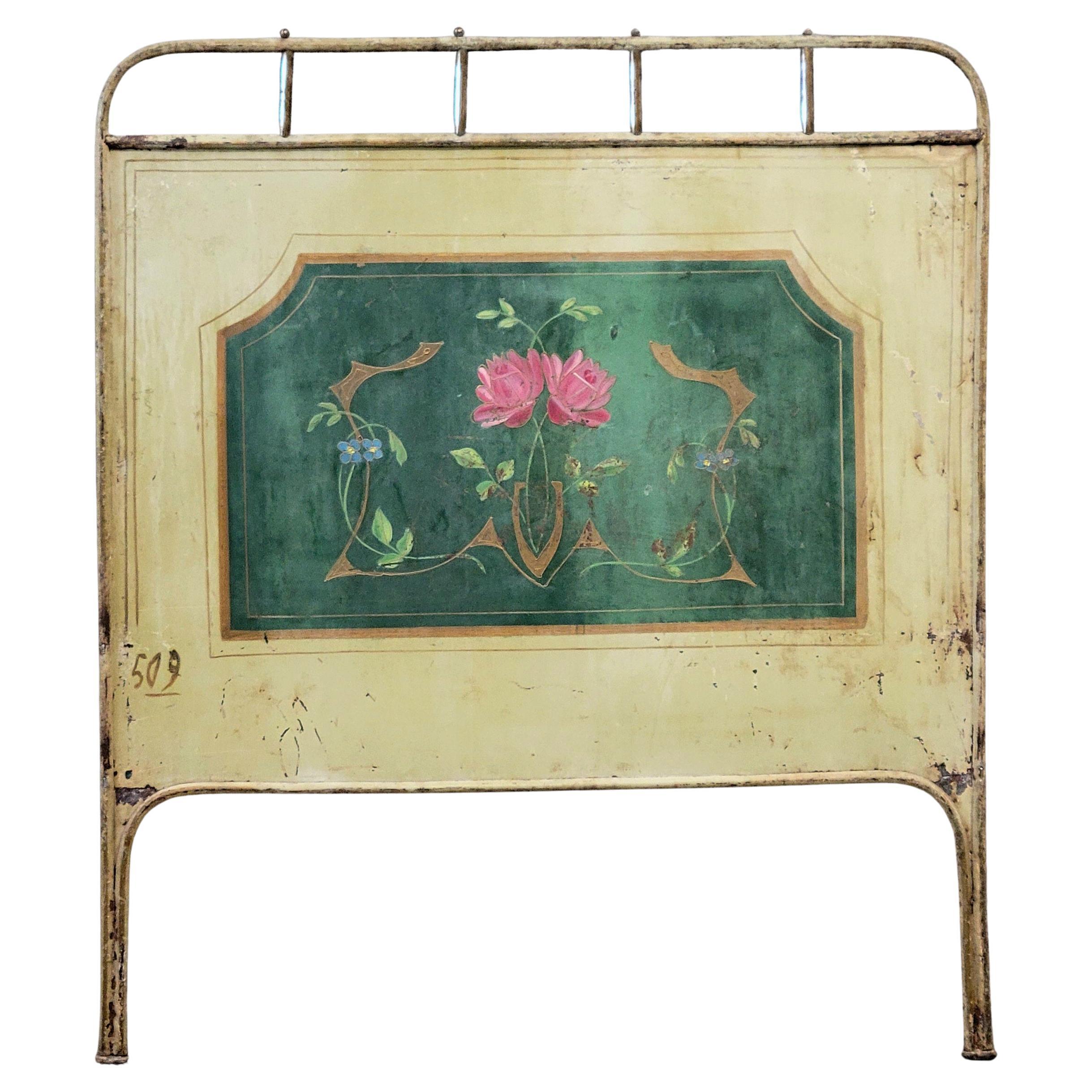 Antique French Art Nouveau Painted Iron and Brass Twin Headboard