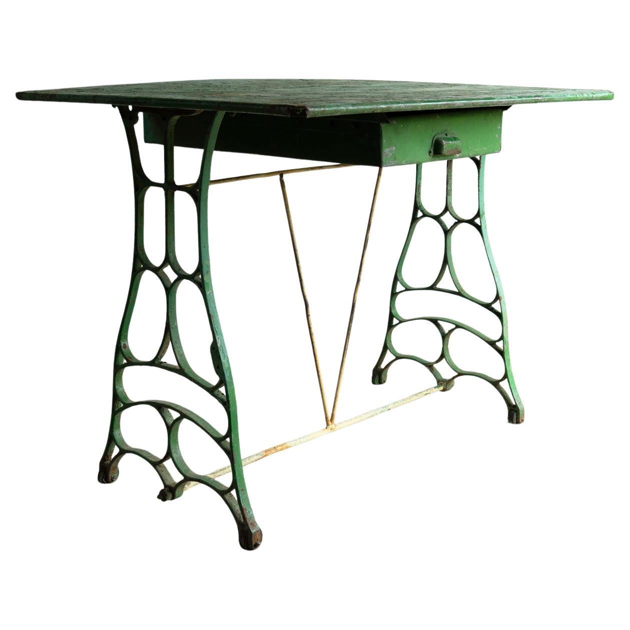 Antique French Art Nouveau Painted Zinc Topped Iron Work Table, Indoor/Outdoor