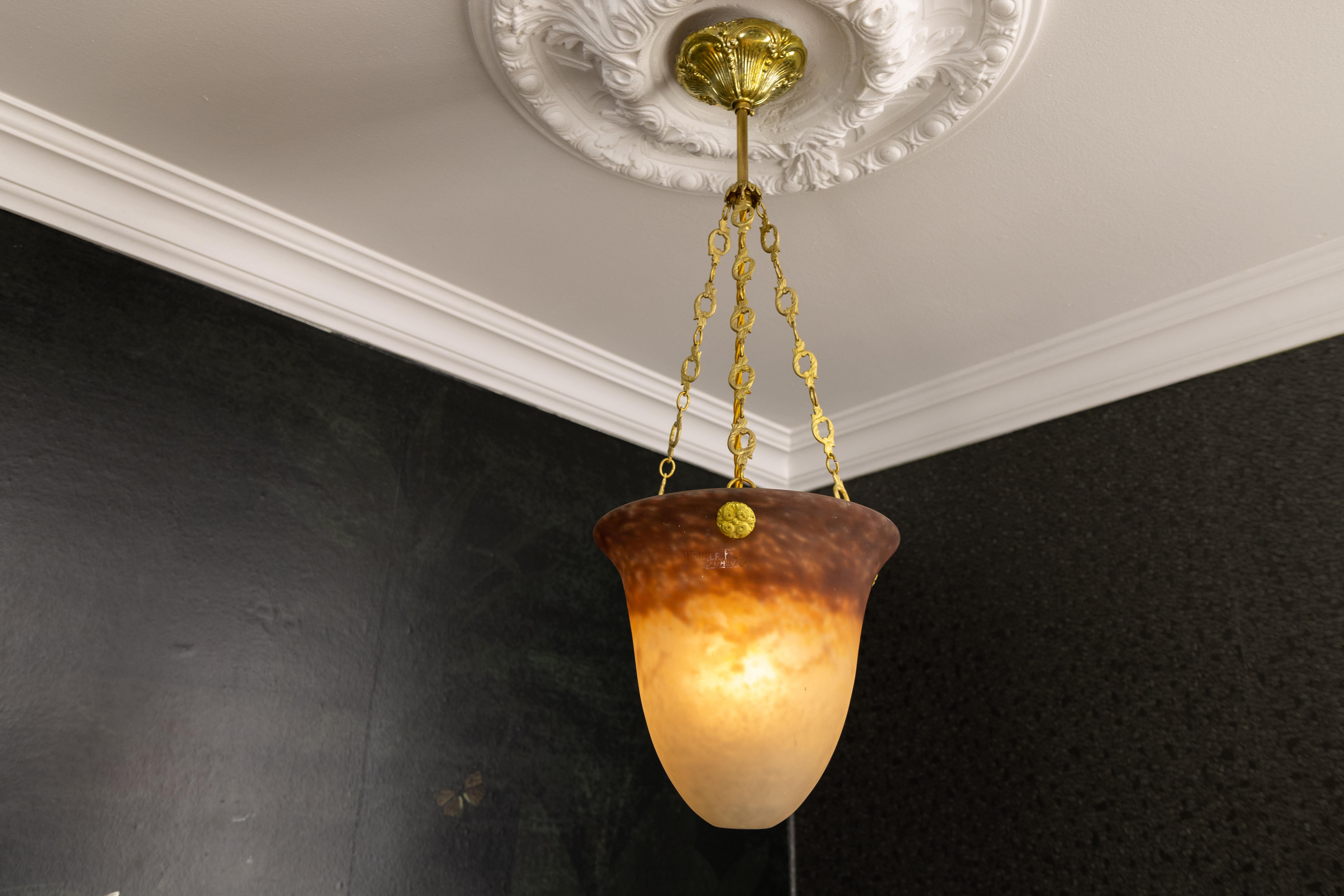 Antigua lámpara colgante francesa Art Nouveau con cristal de Muller Frères Luneville en venta 3