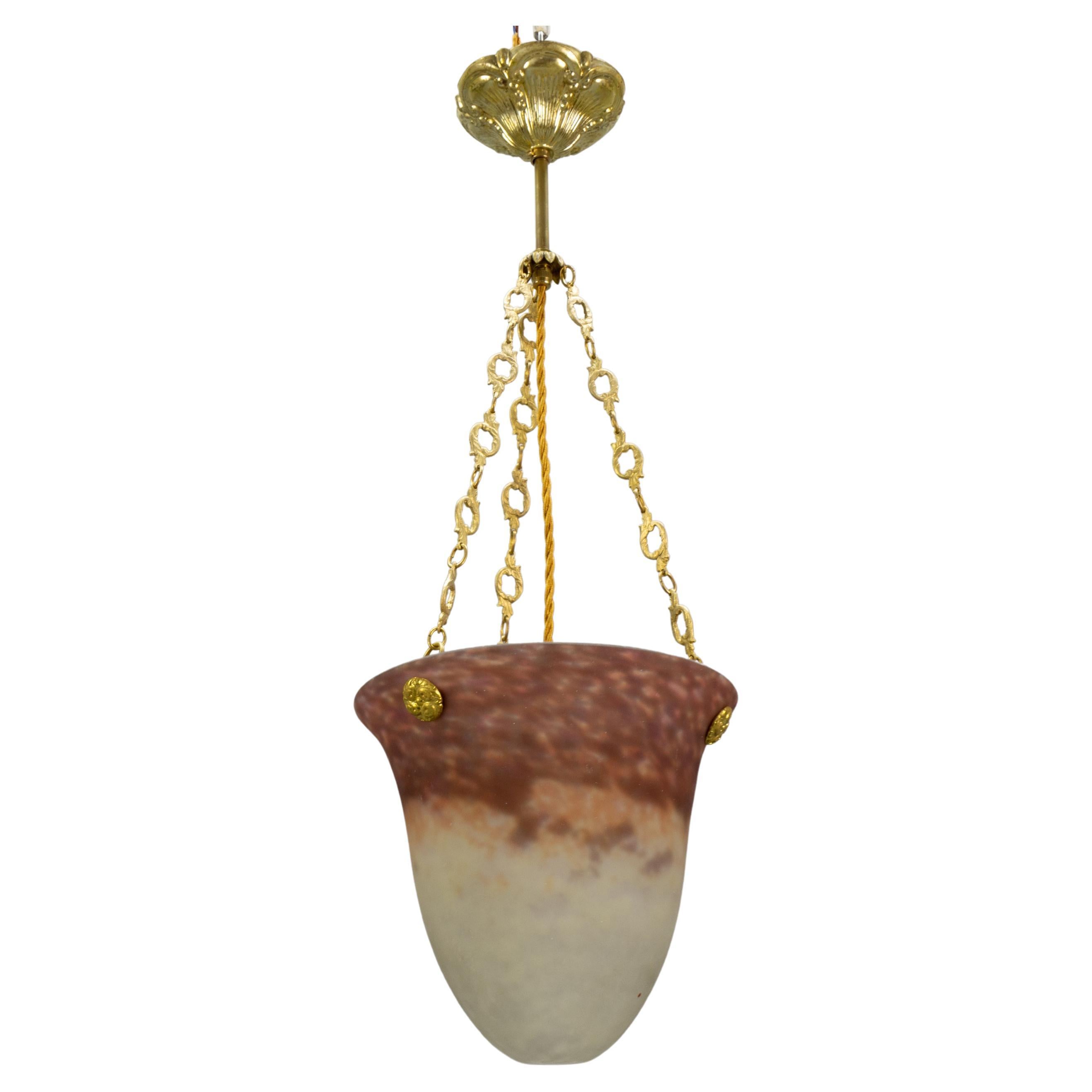 Antigua lámpara colgante francesa Art Nouveau con cristal de Muller Frères Luneville en venta