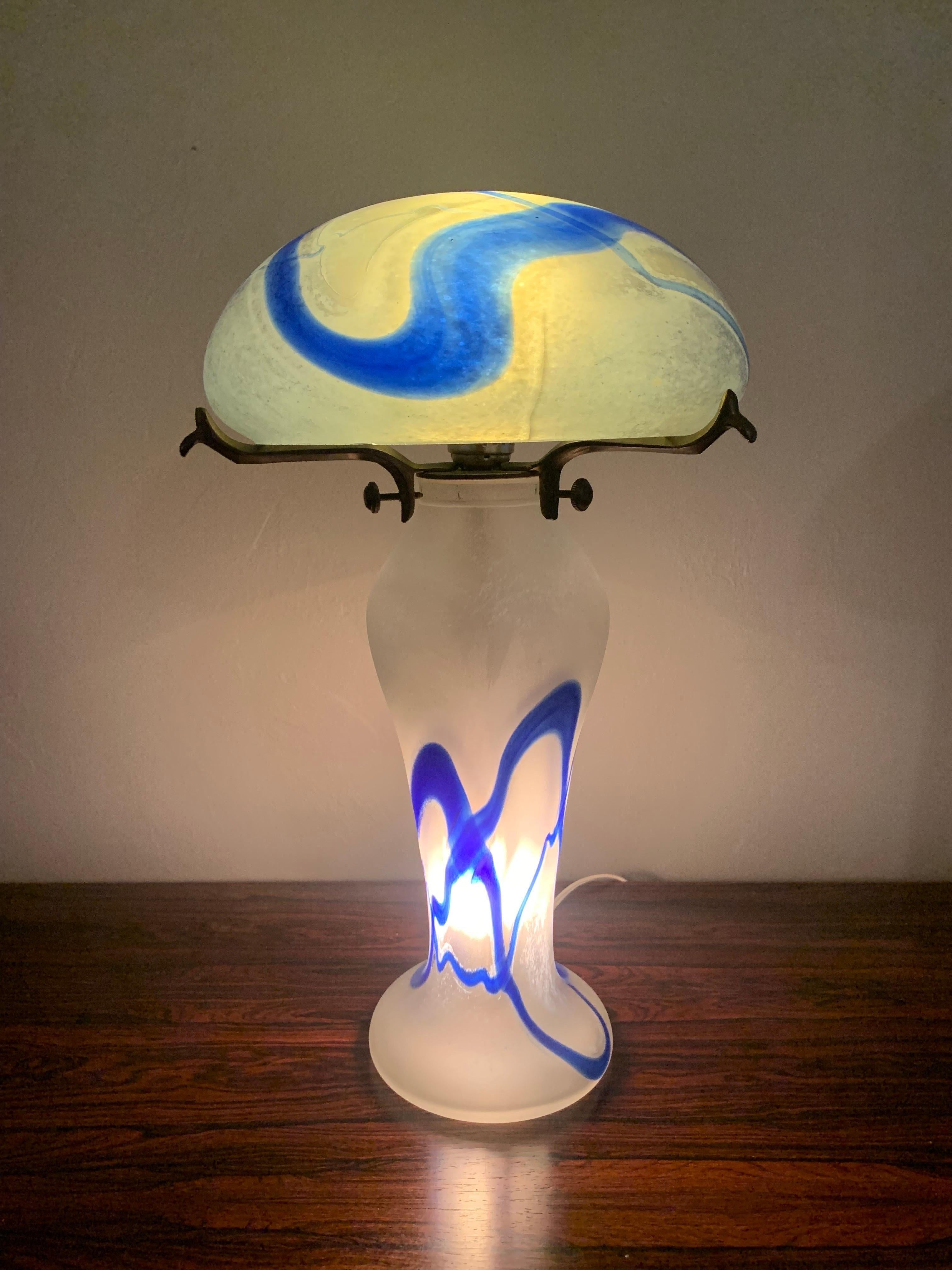 20th Century Antique French Art Nouveau Period Glass Lamp in Blue and White For Sale