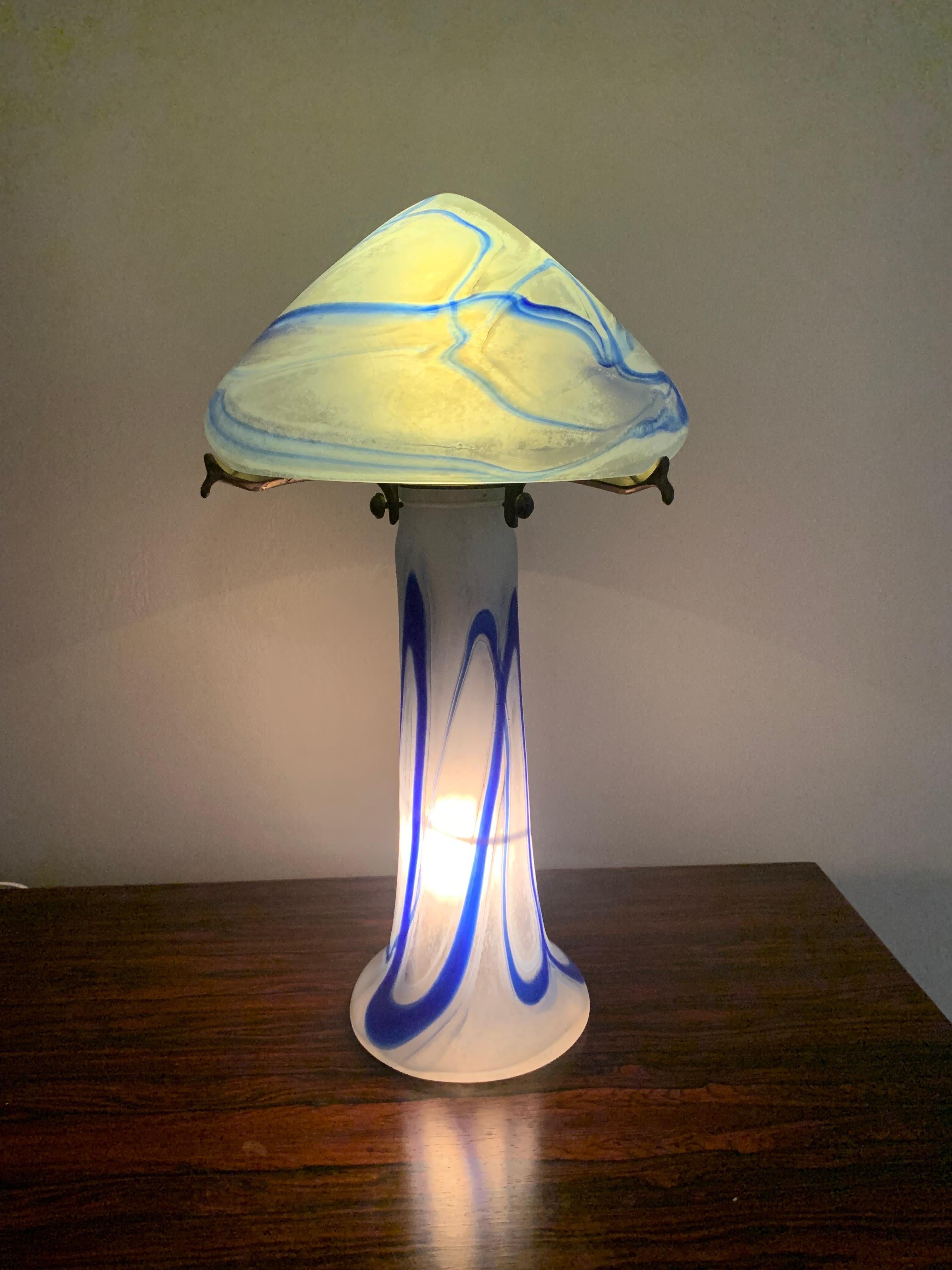 Antique French Art Nouveau Period Glass Lamp in Blue and White For Sale 1