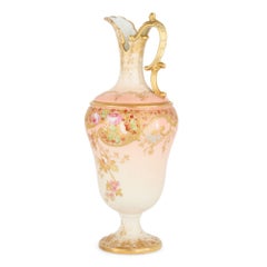 Antique French Art Nouveau Porcelain Ewer with Floral Decoration