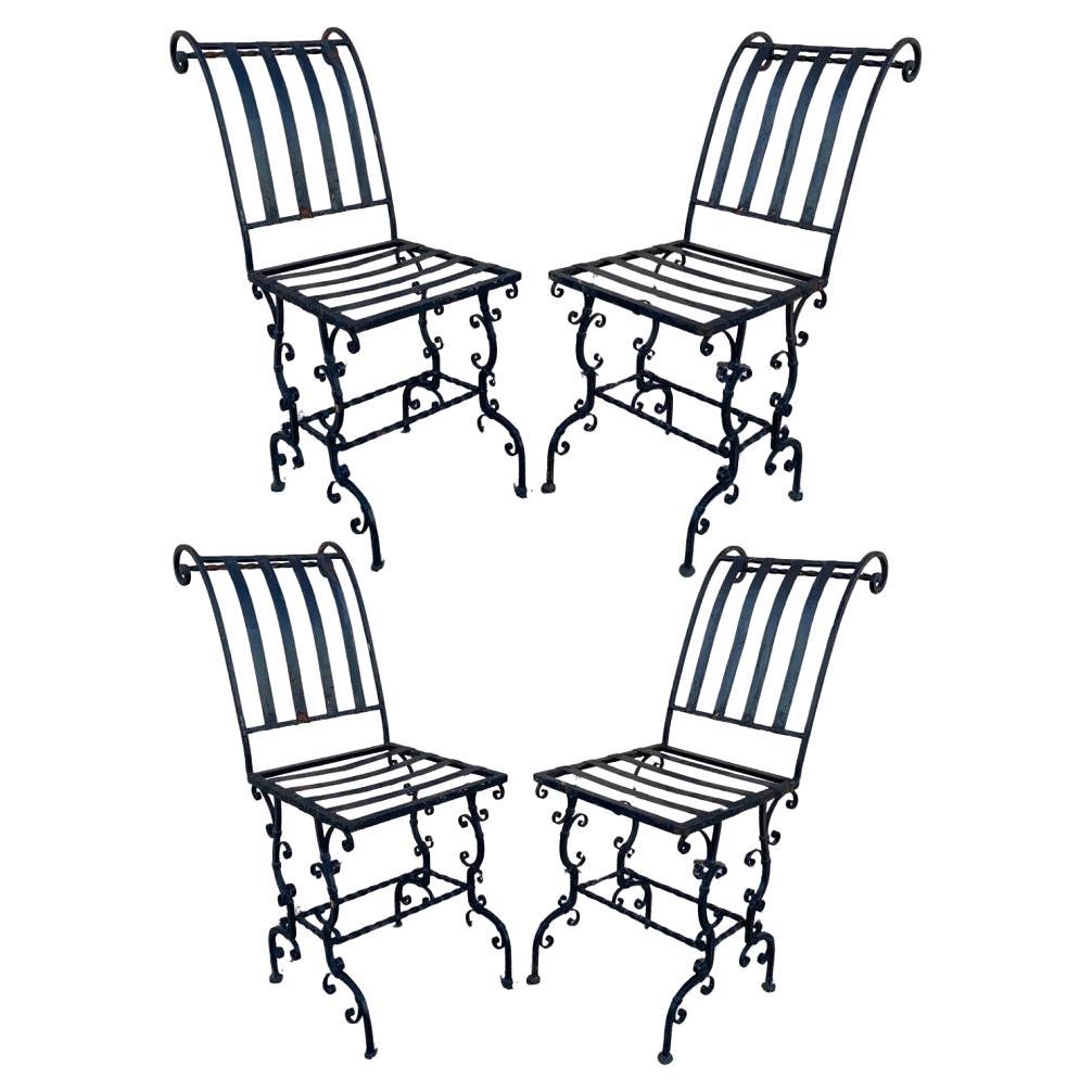 Antique French Art Nouveau Scrolling Iron Garden Patio Side Chairs - Set of 4