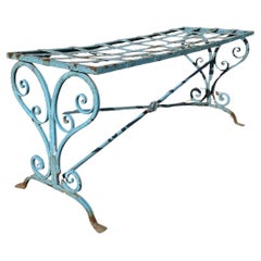 Antique French Art Nouveau Scrolling Wrought Iron Metal Strap Garden Patio Bench