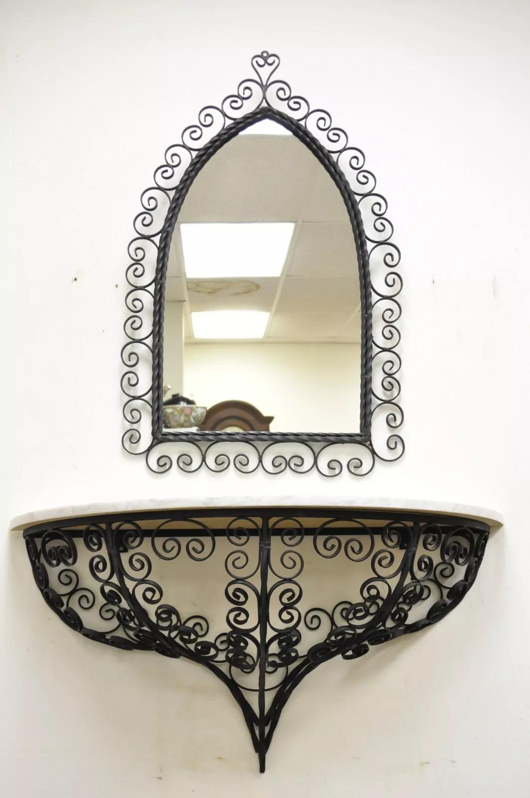 Antique French Art Nouveau Scrolling Wrought Iron Wall Mount Console and Mirror For Sale 5