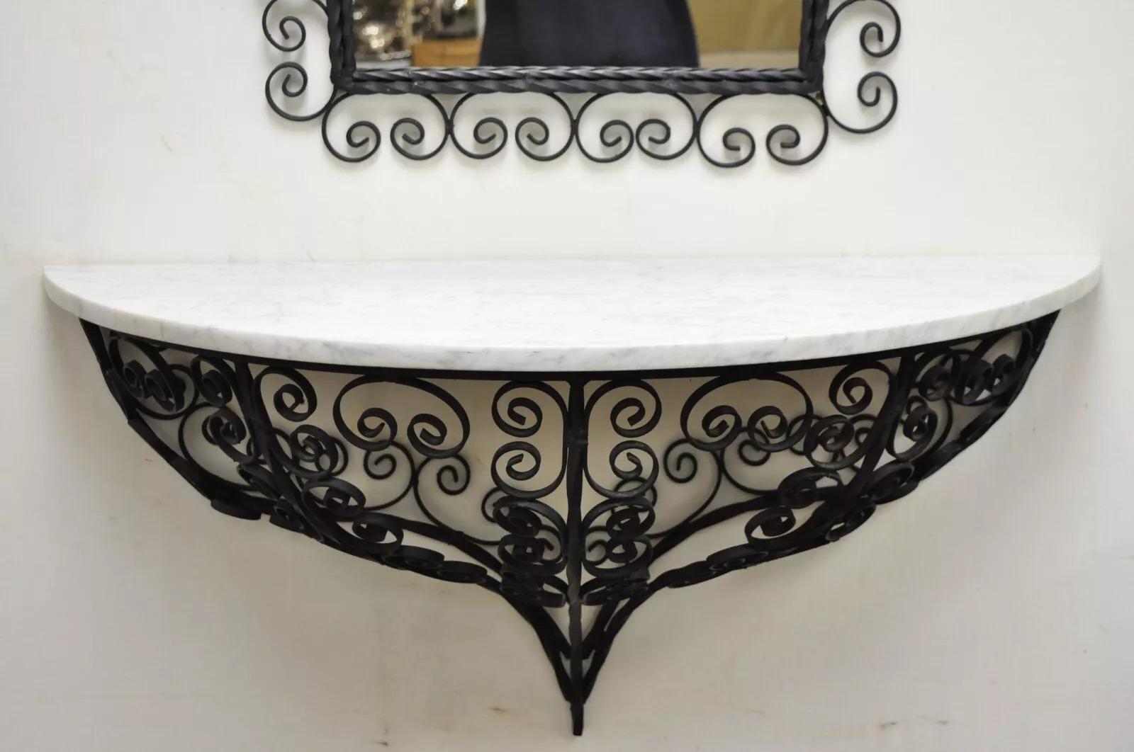 Antique French Art Nouveau Scrolling Wrought Iron Wall Mount Console and Mirror For Sale 6