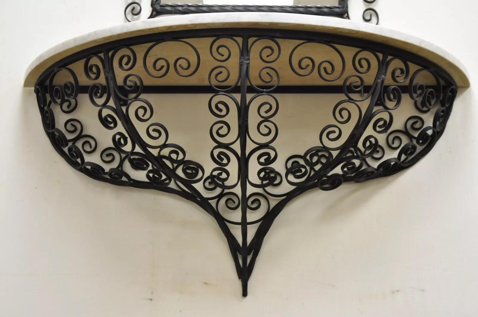 Antique French Art Nouveau Scrolling Wrought Iron Wall Mount Console and Mirror In Good Condition For Sale In Philadelphia, PA