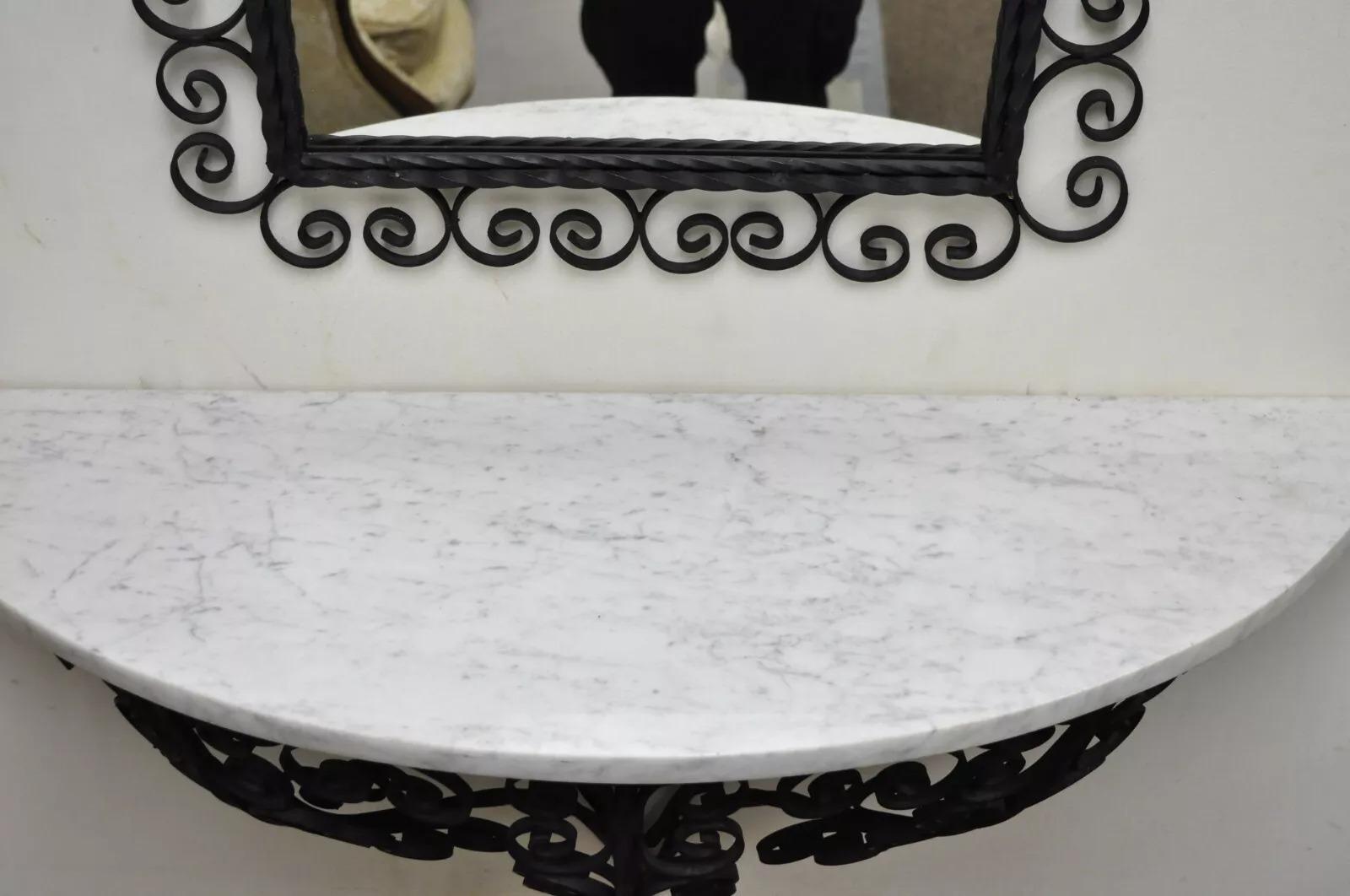 20th Century Antique French Art Nouveau Scrolling Wrought Iron Wall Mount Console and Mirror For Sale