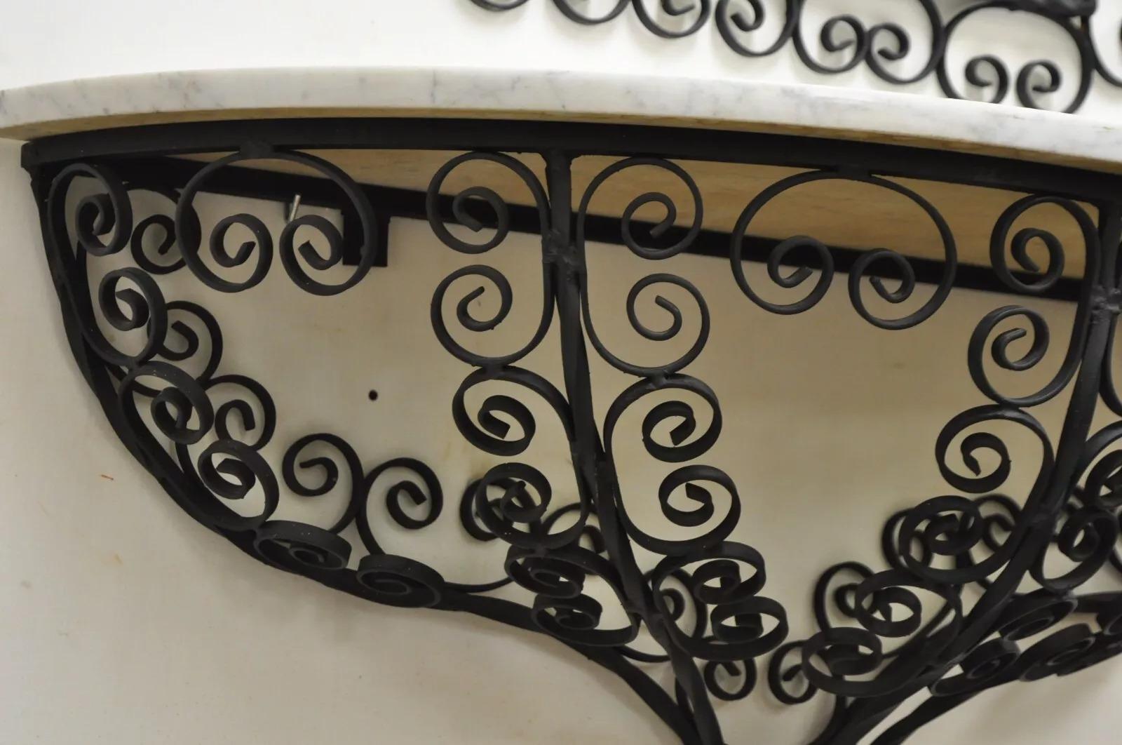Antique French Art Nouveau Scrolling Wrought Iron Wall Mount Console and Mirror For Sale 4
